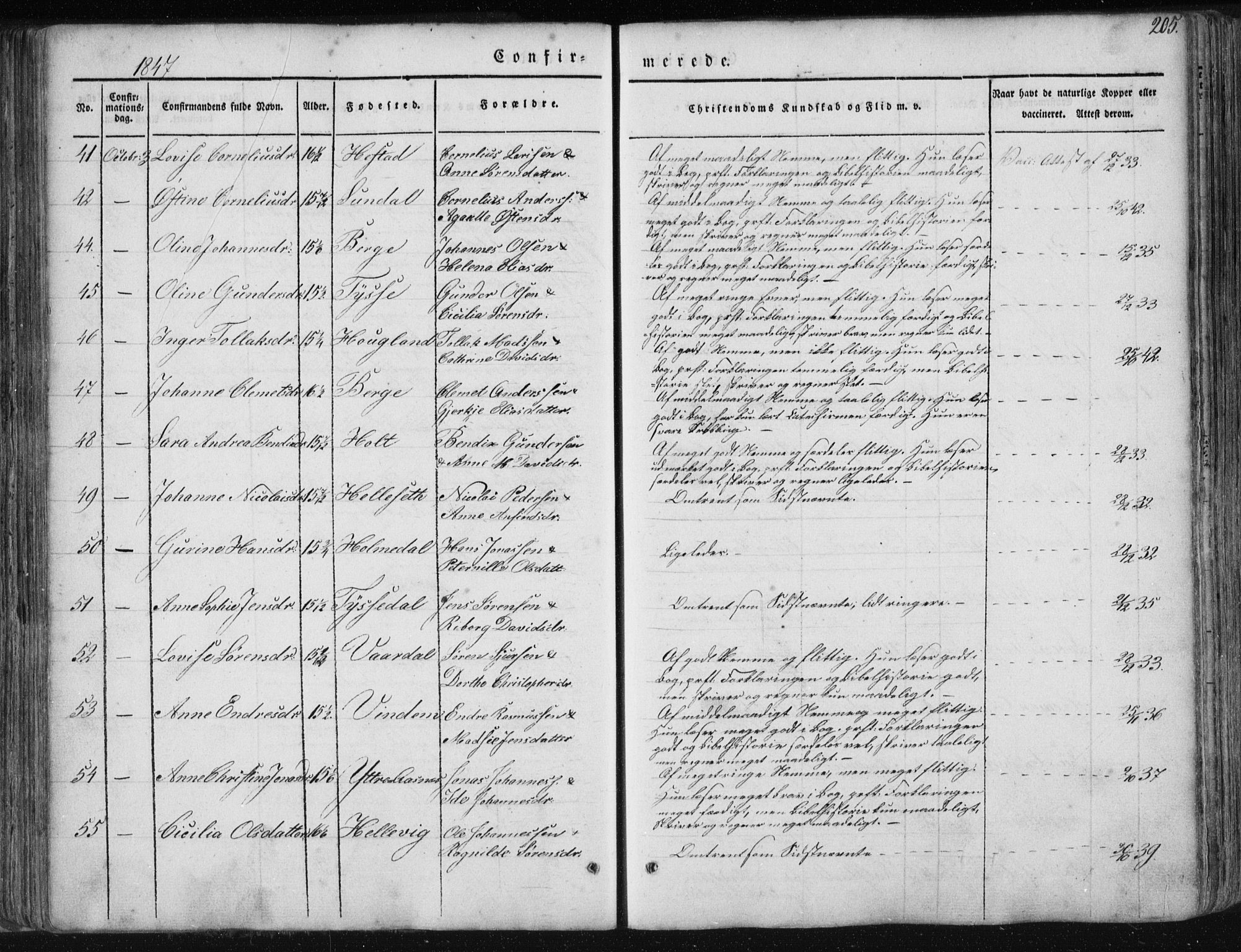 Fjaler sokneprestembete, SAB/A-79801/H/Haa/Haaa/L0006: Parish register (official) no. A 6, 1835-1884, p. 205