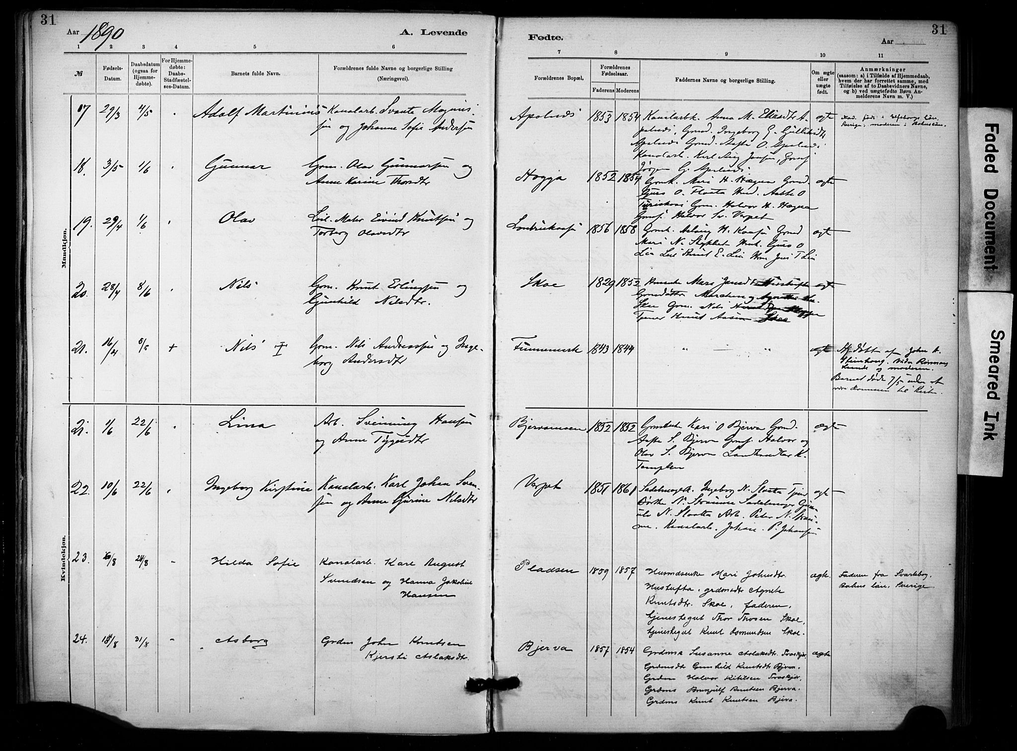 Lunde kirkebøker, SAKO/A-282/F/Fa/L0002: Parish register (official) no. I 2, 1884-1892, p. 31