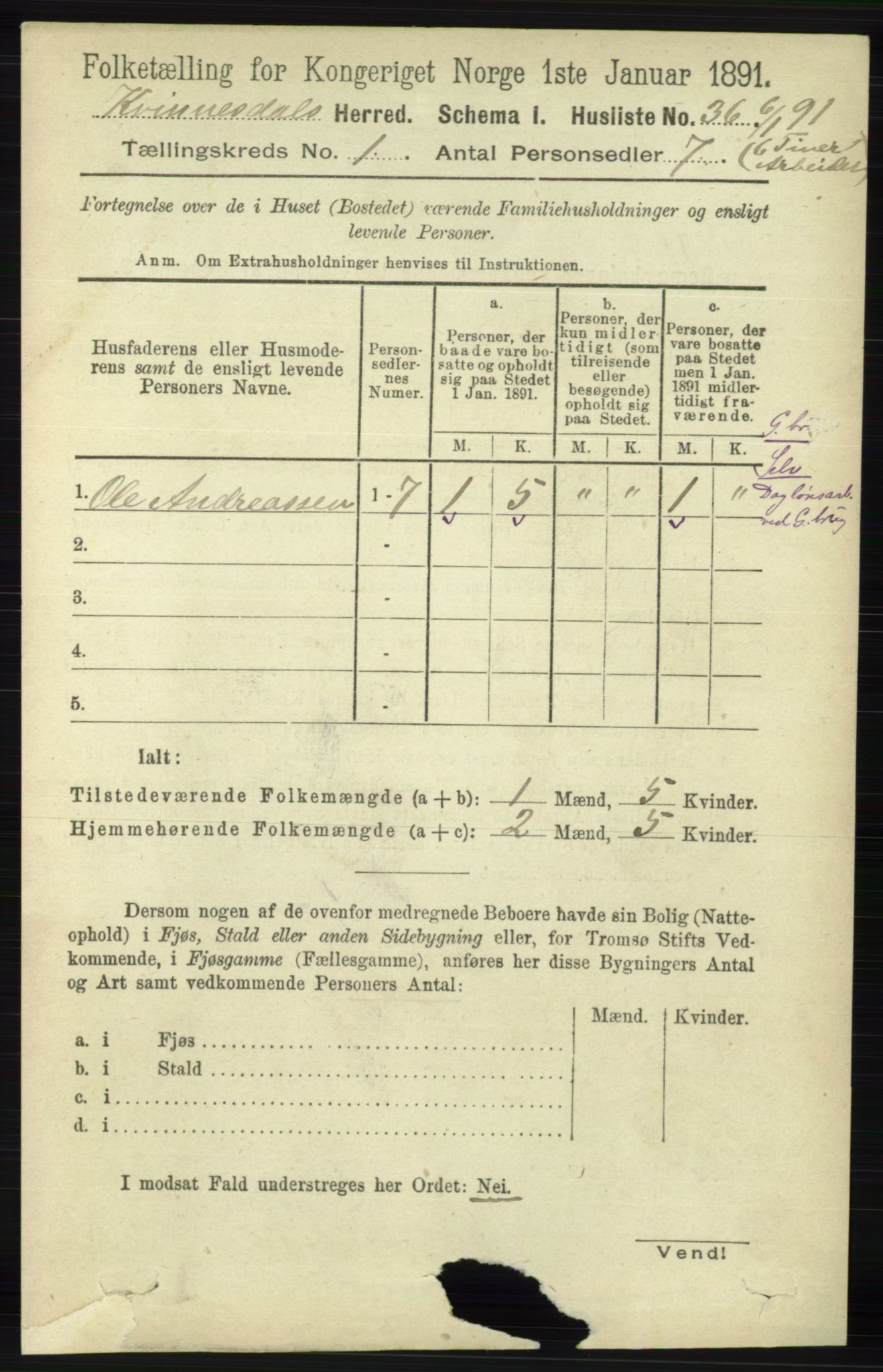 RA, 1891 census for 1037 Kvinesdal, 1891, p. 71