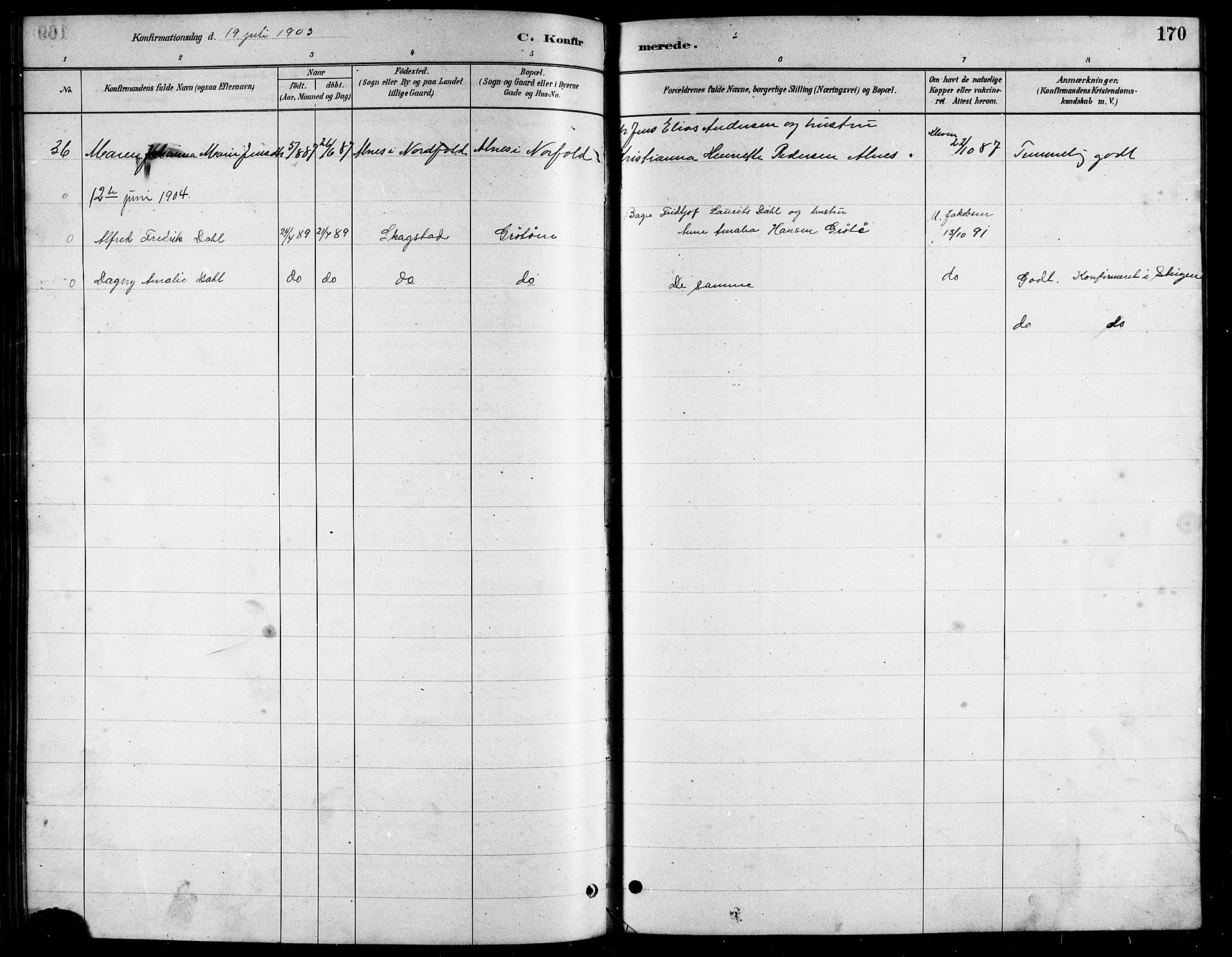 Ministerialprotokoller, klokkerbøker og fødselsregistre - Nordland, AV/SAT-A-1459/857/L0828: Parish register (copy) no. 857C03, 1879-1908, p. 170