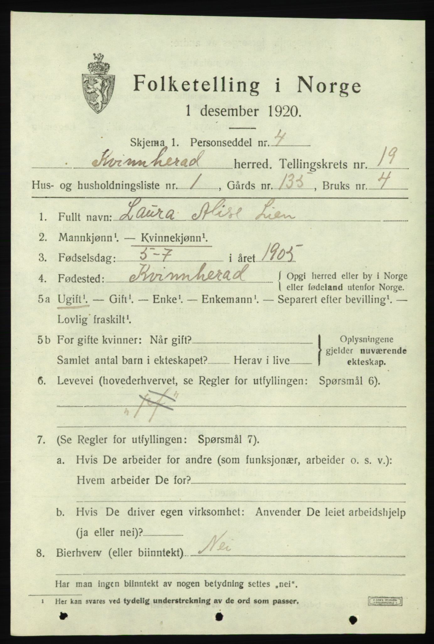 SAB, 1920 census for Kvinnherad, 1920, p. 11892