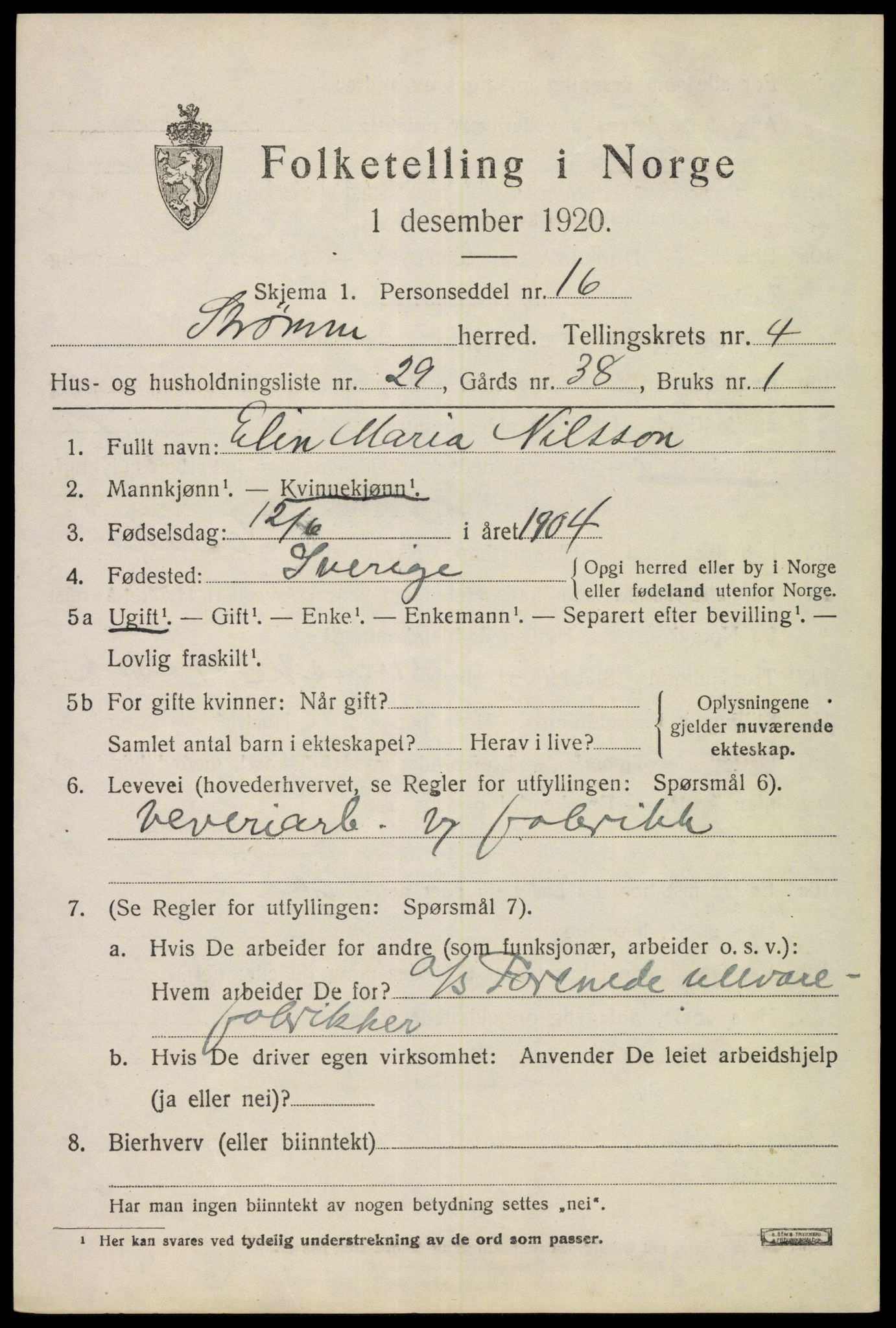 SAKO, 1920 census for Strømm, 1920, p. 3457