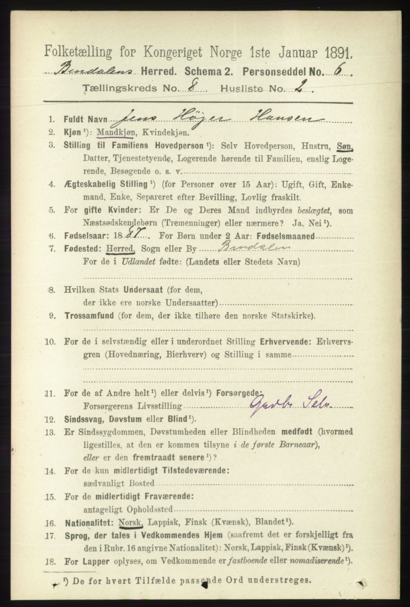 RA, 1891 census for 1811 Bindal, 1891, p. 2620