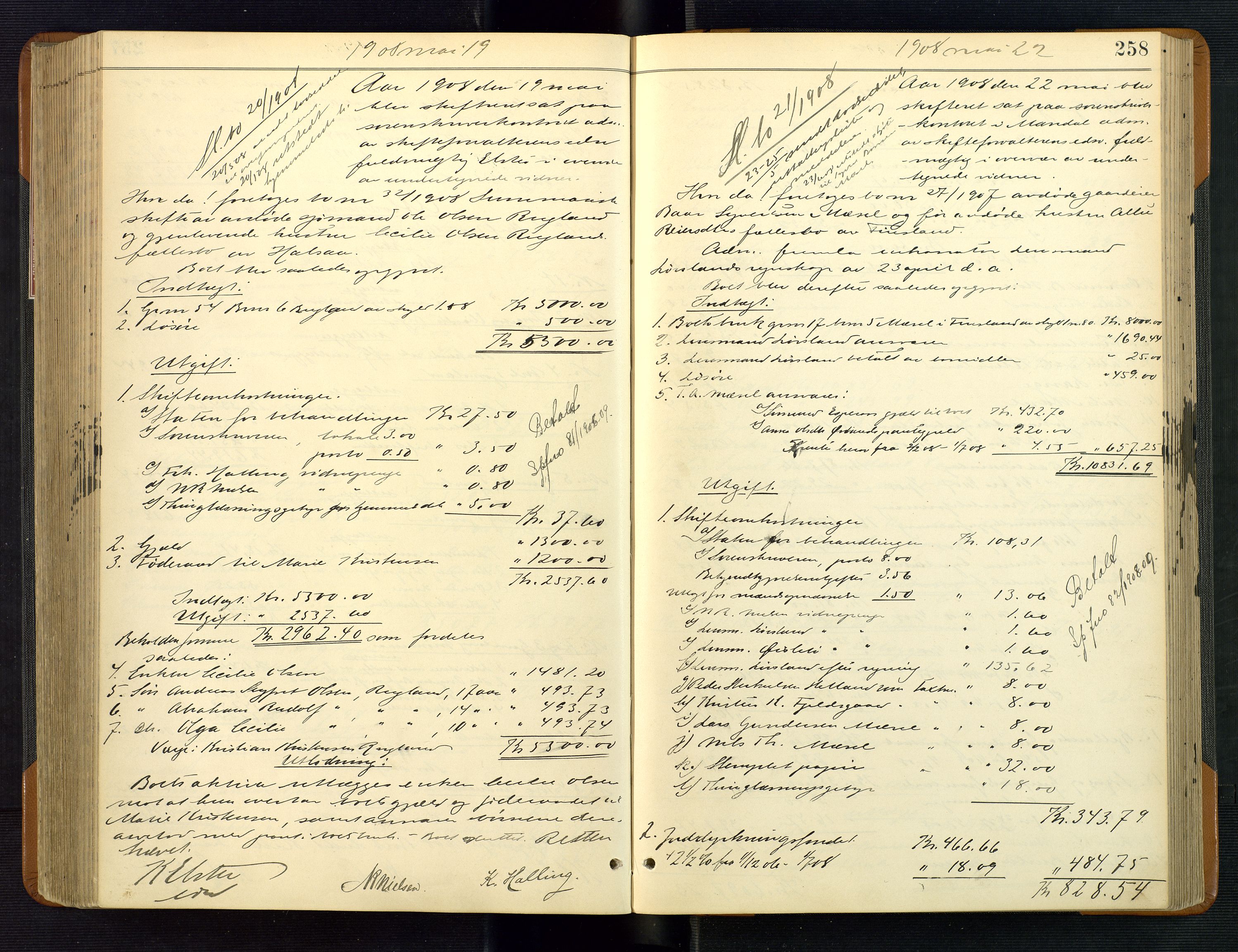 Mandal sorenskriveri, SAK/1221-0005/001/H/Hc/L0097: Skifteutlodningsprotokoll nr 6 med register, 1903-1910, p. 258