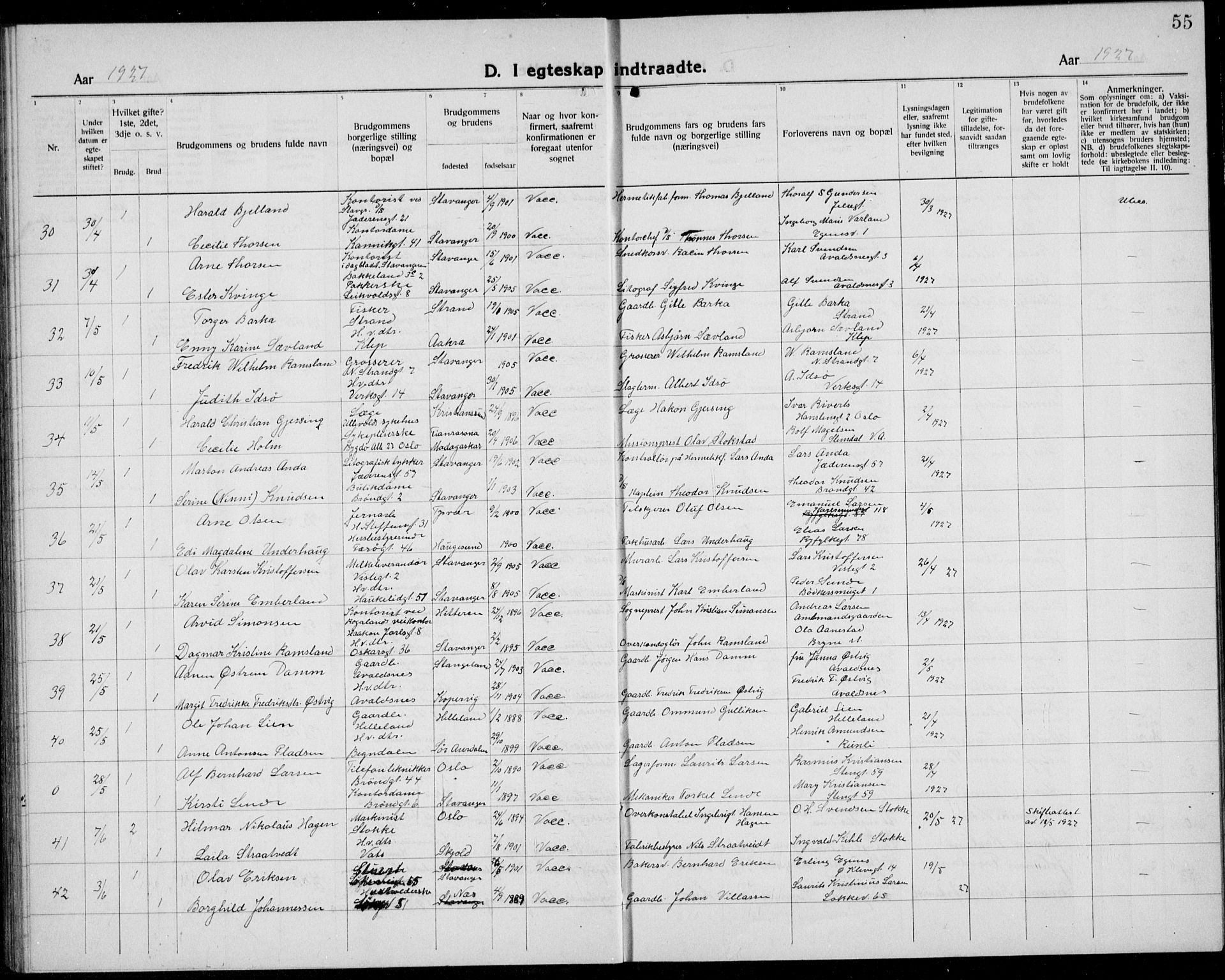 Domkirken sokneprestkontor, AV/SAST-A-101812/001/30/30BB/L0020: Parish register (copy) no. B 20, 1921-1937, p. 55