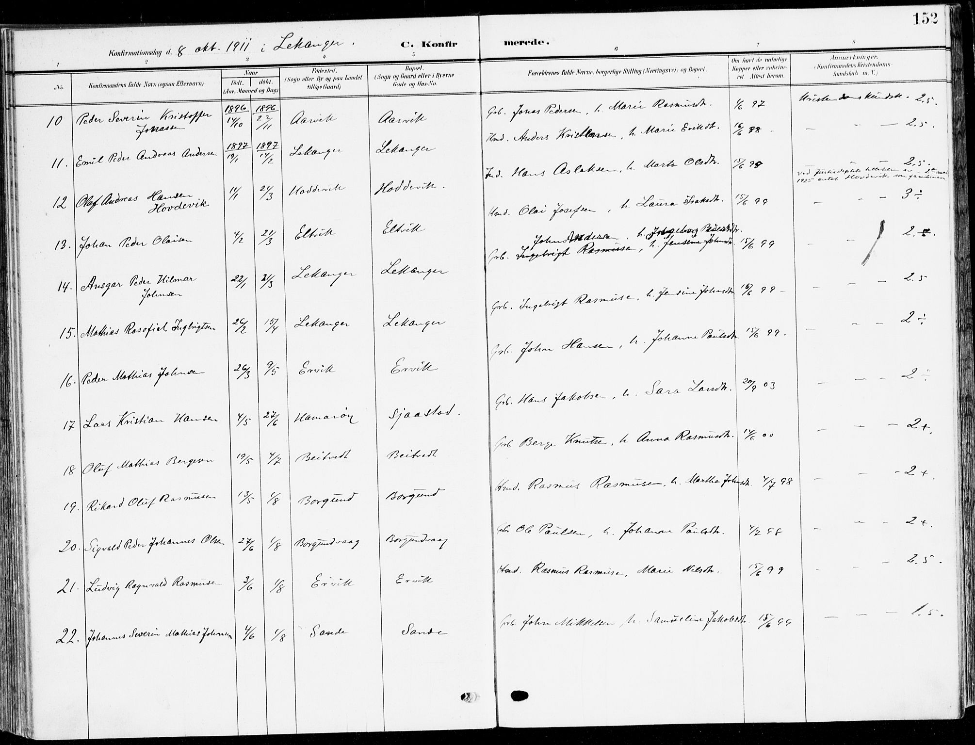 Selje sokneprestembete, AV/SAB-A-99938/H/Ha/Haa/Haab: Parish register (official) no. B 3, 1908-1923, p. 152