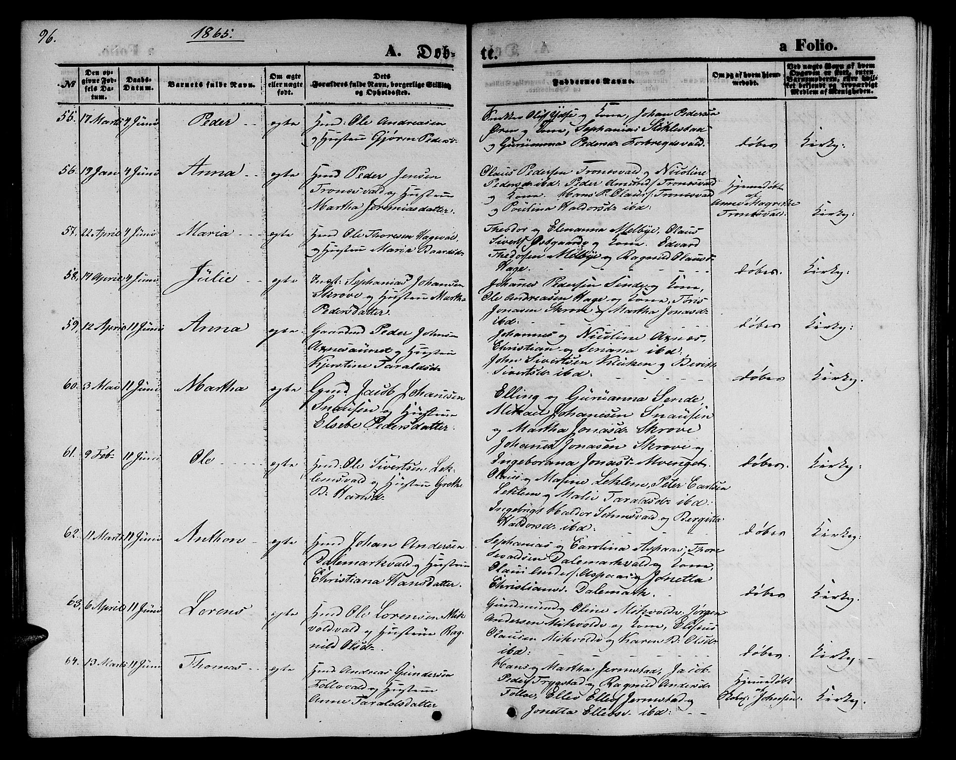 Ministerialprotokoller, klokkerbøker og fødselsregistre - Nord-Trøndelag, AV/SAT-A-1458/723/L0254: Parish register (copy) no. 723C02, 1858-1868, p. 96