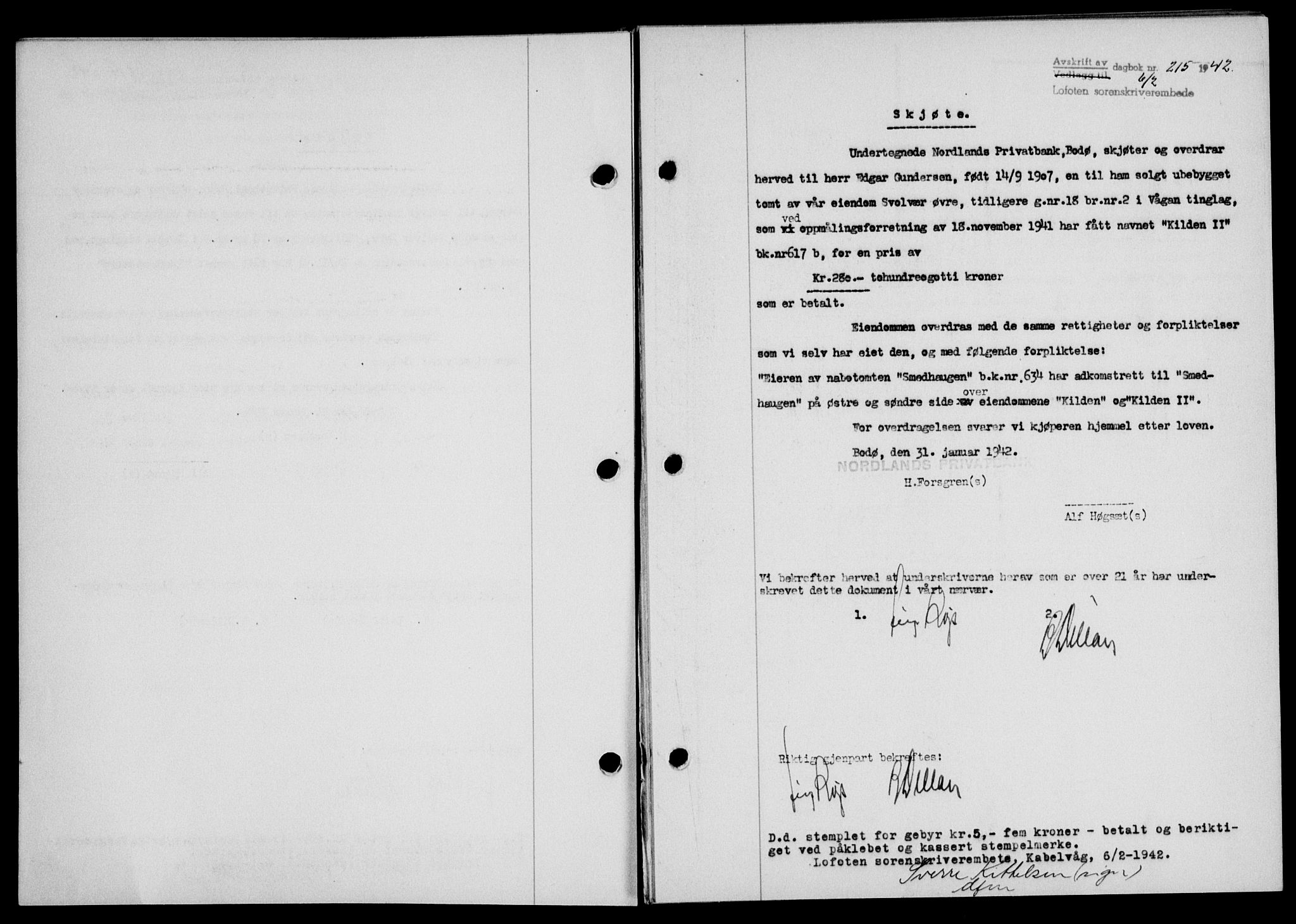 Lofoten sorenskriveri, SAT/A-0017/1/2/2C/L0009a: Mortgage book no. 9a, 1941-1942, Diary no: : 215/1942