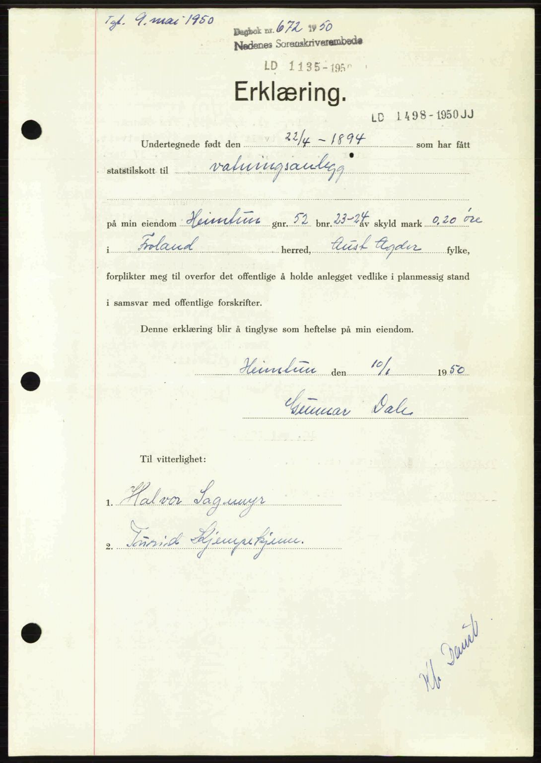 Nedenes sorenskriveri, SAK/1221-0006/G/Gb/Gba/L0062: Mortgage book no. A14, 1949-1950, Diary no: : 672/1950