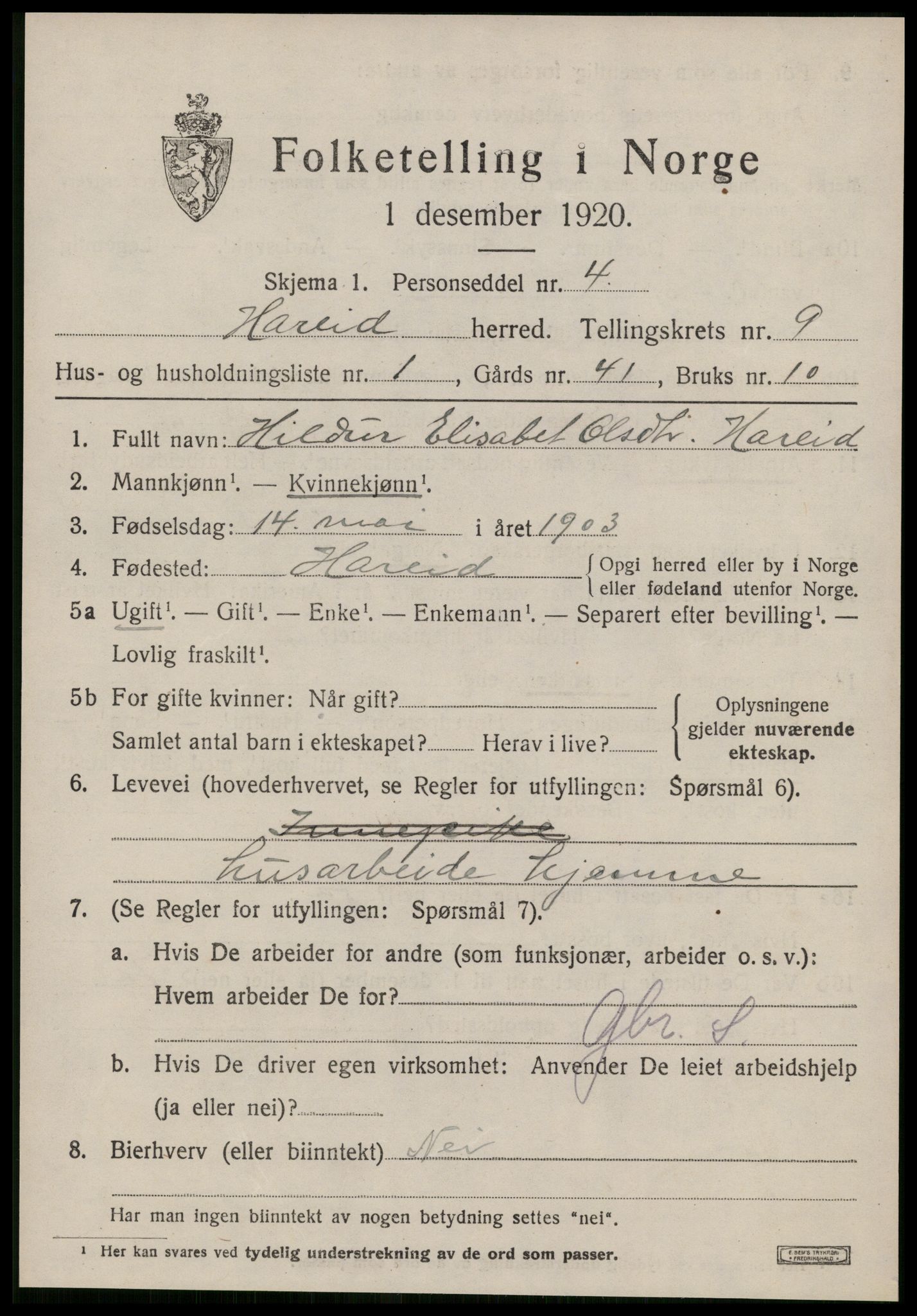 SAT, 1920 census for Hareid, 1920, p. 3165