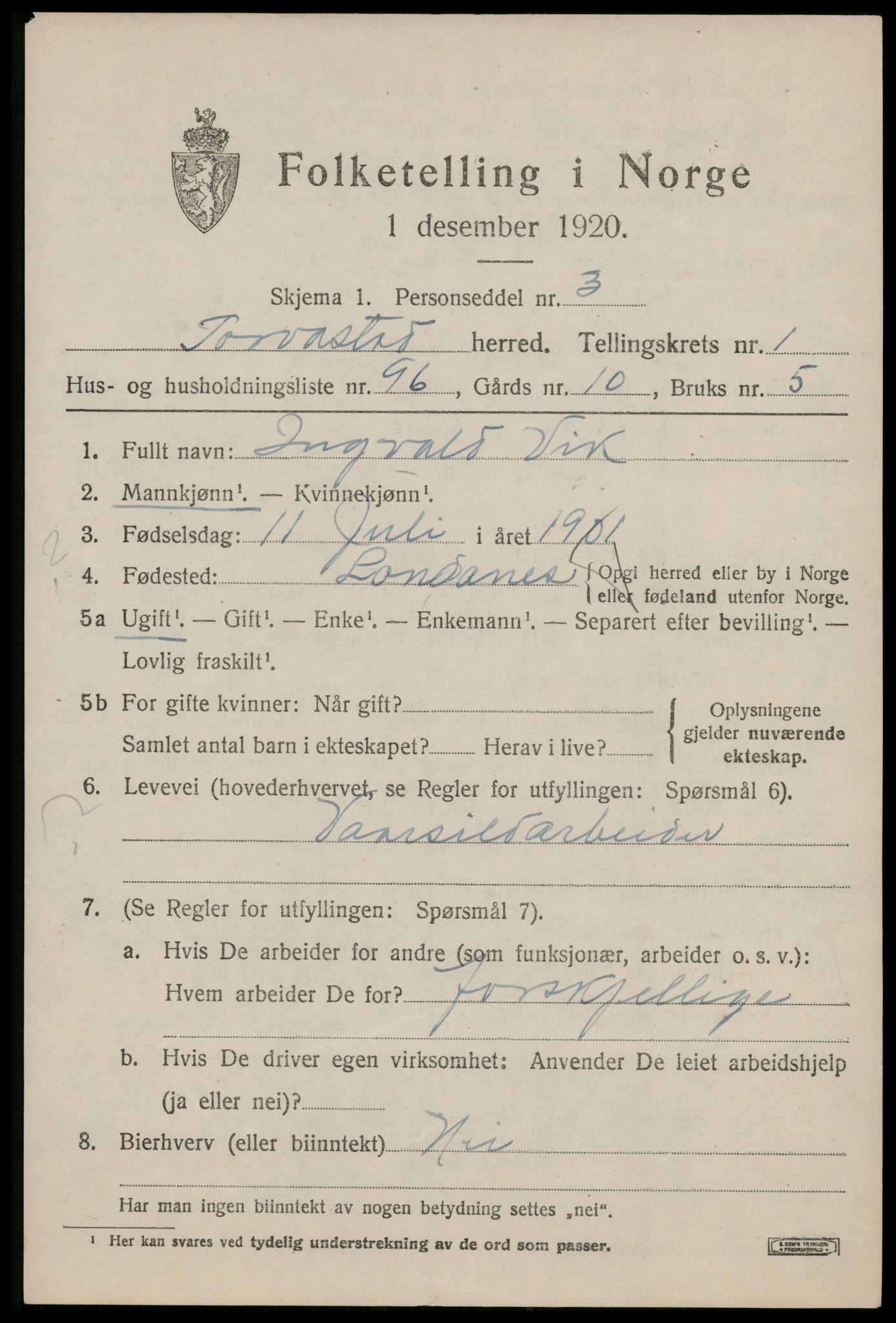 SAST, 1920 census for Torvastad, 1920, p. 1986