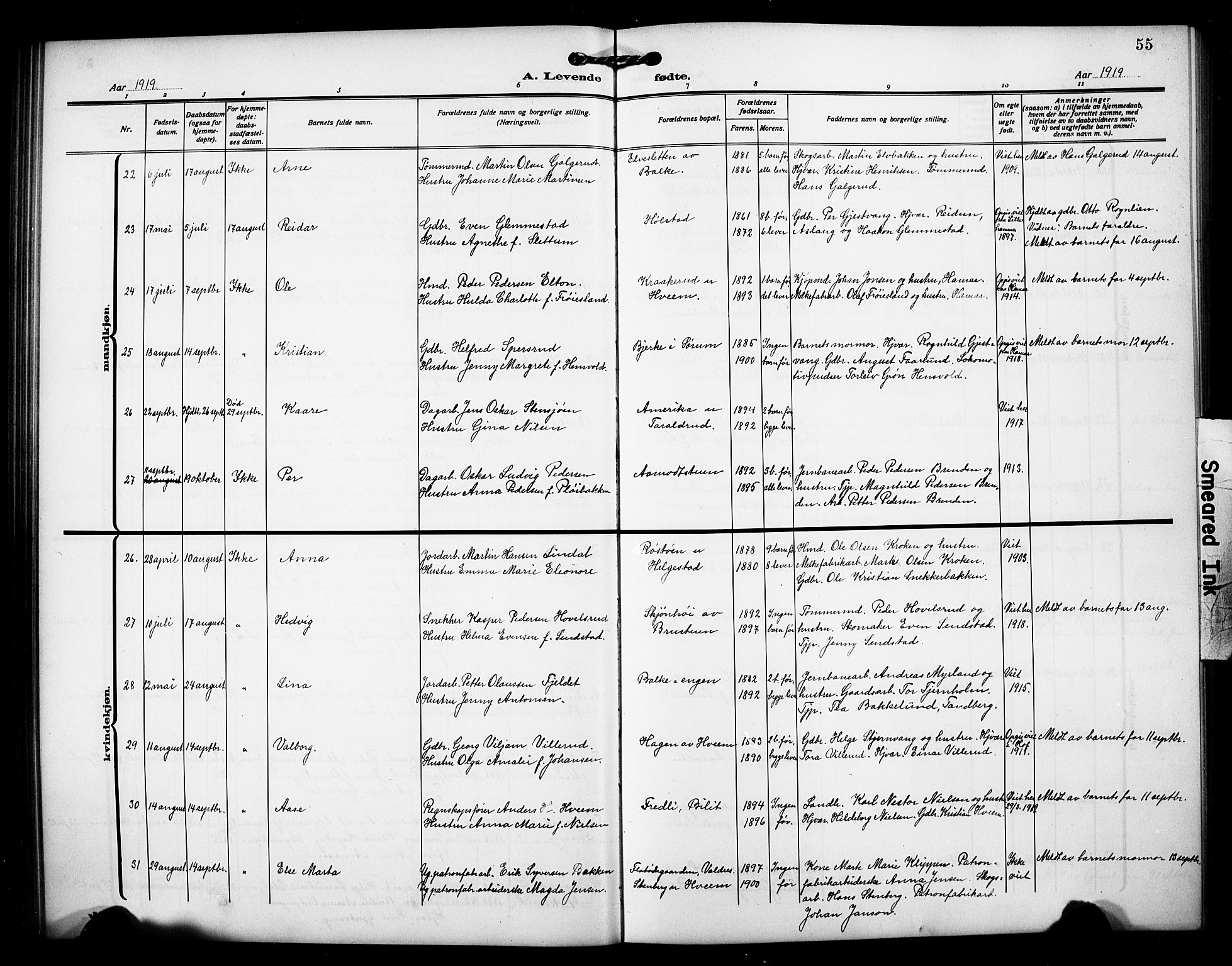 Østre Toten prestekontor, AV/SAH-PREST-104/H/Ha/Hab/L0008: Parish register (copy) no. 8, 1913-1929, p. 55