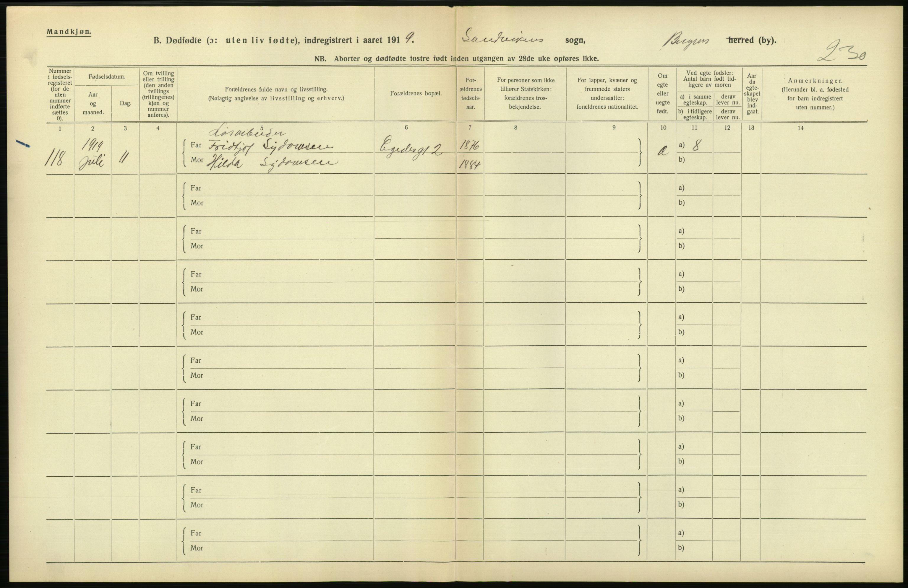 Statistisk sentralbyrå, Sosiodemografiske emner, Befolkning, AV/RA-S-2228/D/Df/Dfb/Dfbi/L0035: Bergen: Gifte, døde, dødfødte., 1919, p. 734