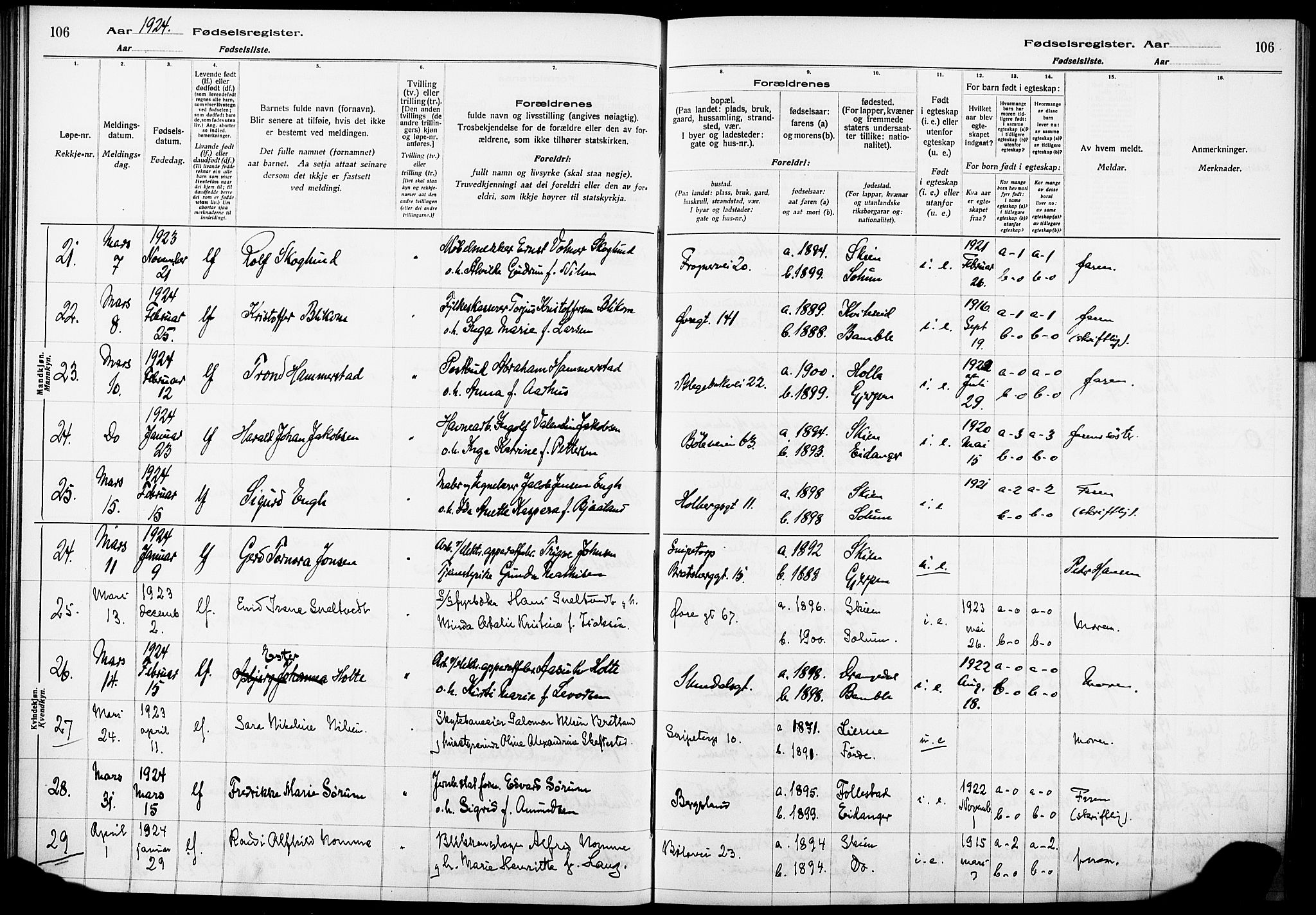 Skien kirkebøker, AV/SAKO-A-302/J/Ja/L0002: Birth register no. 2, 1921-1927, p. 106