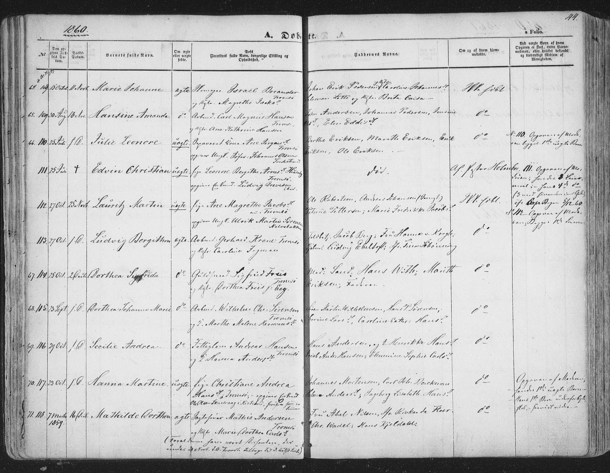 Tromsø sokneprestkontor/stiftsprosti/domprosti, SATØ/S-1343/G/Ga/L0011kirke: Parish register (official) no. 11, 1856-1865, p. 44