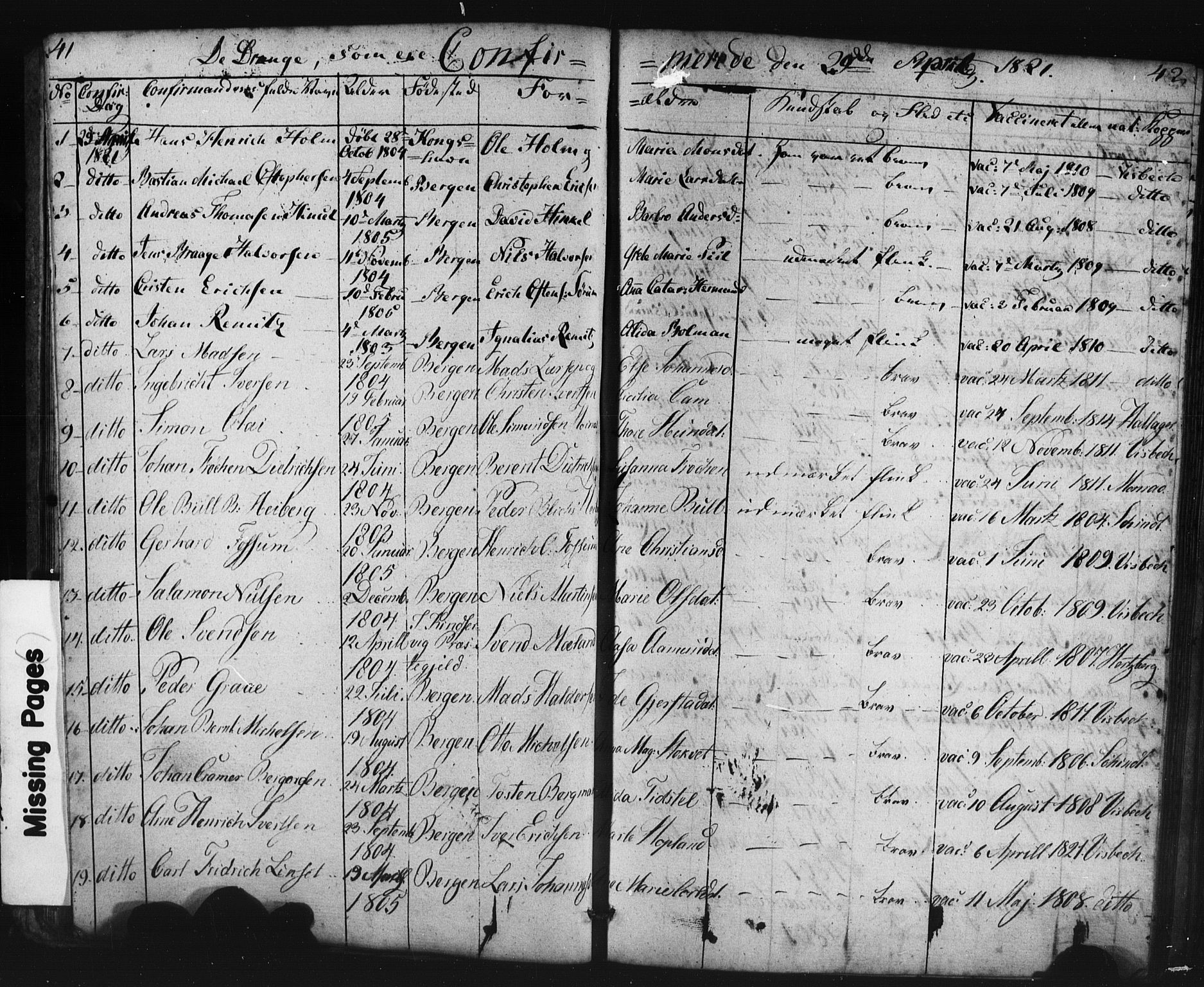 Domkirken sokneprestembete, SAB/A-74801/H/Haa/L0063: Curate's parish register no. A 1, 1821-1848, p. 41-42