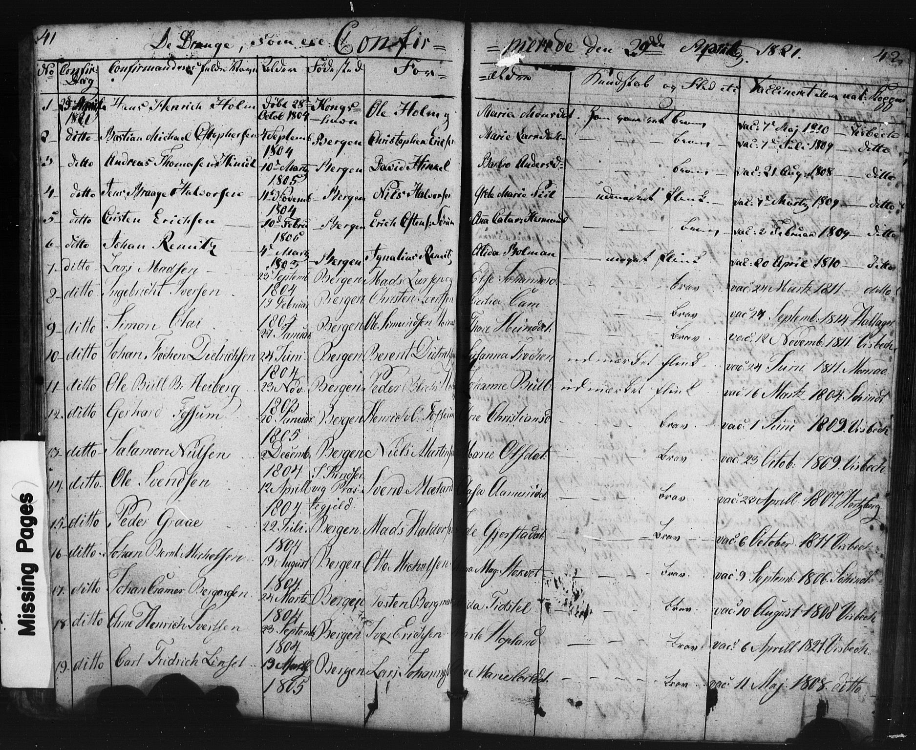 Domkirken sokneprestembete, AV/SAB-A-74801/H/Haa/L0063: Curate's parish register no. A 1, 1821-1848, p. 41-42