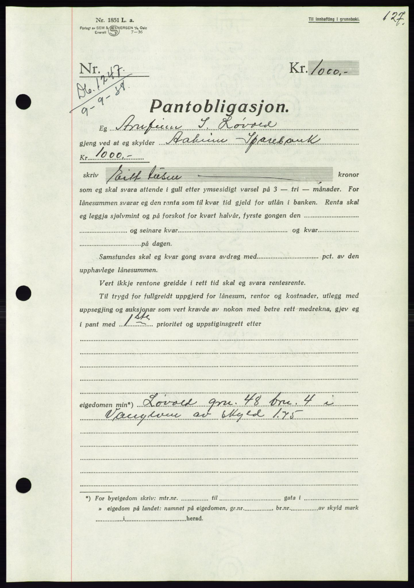 Søre Sunnmøre sorenskriveri, AV/SAT-A-4122/1/2/2C/L0066: Mortgage book no. 60, 1938-1938, Diary no: : 1247/1938