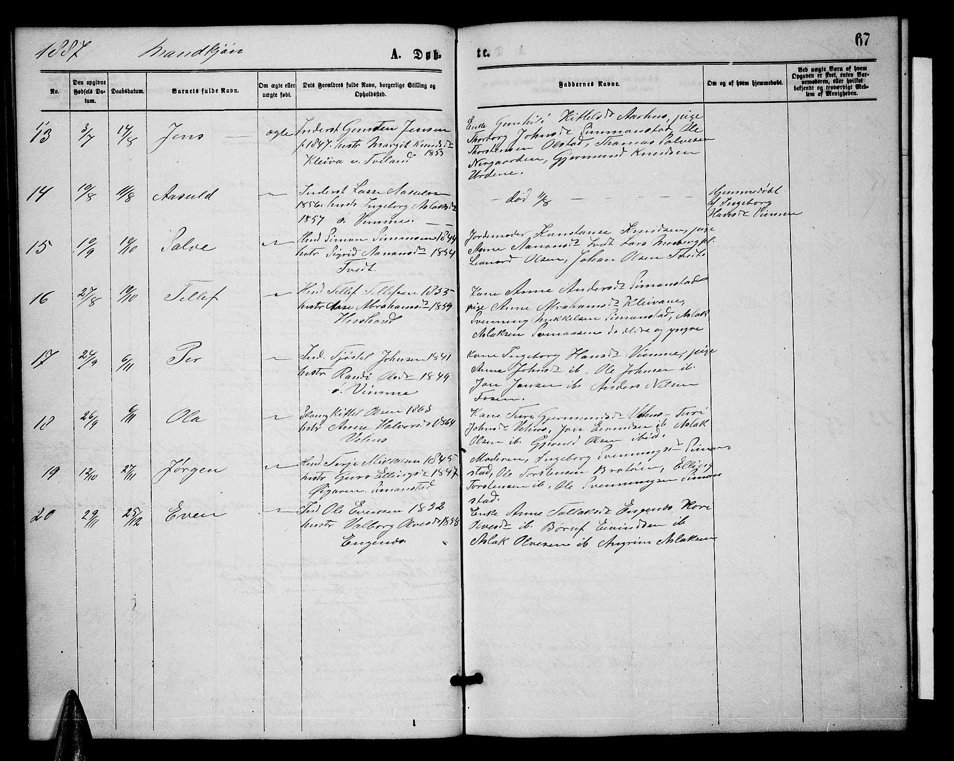 Åmli sokneprestkontor, AV/SAK-1111-0050/F/Fb/Fbc/L0003: Parish register (copy) no. B 3, 1868-1888, p. 67