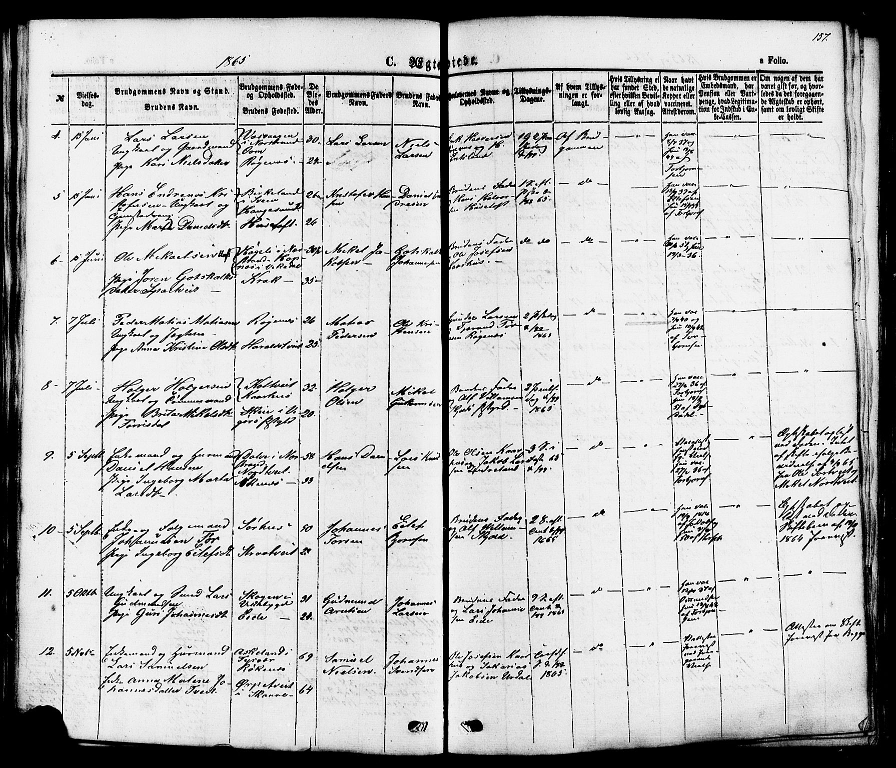 Skjold sokneprestkontor, AV/SAST-A-101847/H/Ha/Haa/L0007: Parish register (official) no. A 7, 1857-1882, p. 157