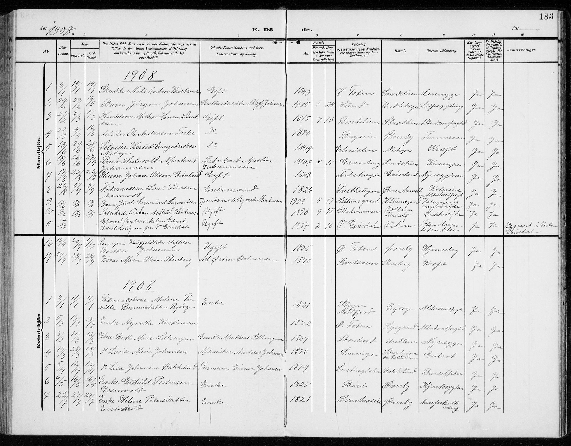 Vardal prestekontor, SAH/PREST-100/H/Ha/Haa/L0016: Parish register (official) no. 16, 1904-1916, p. 183