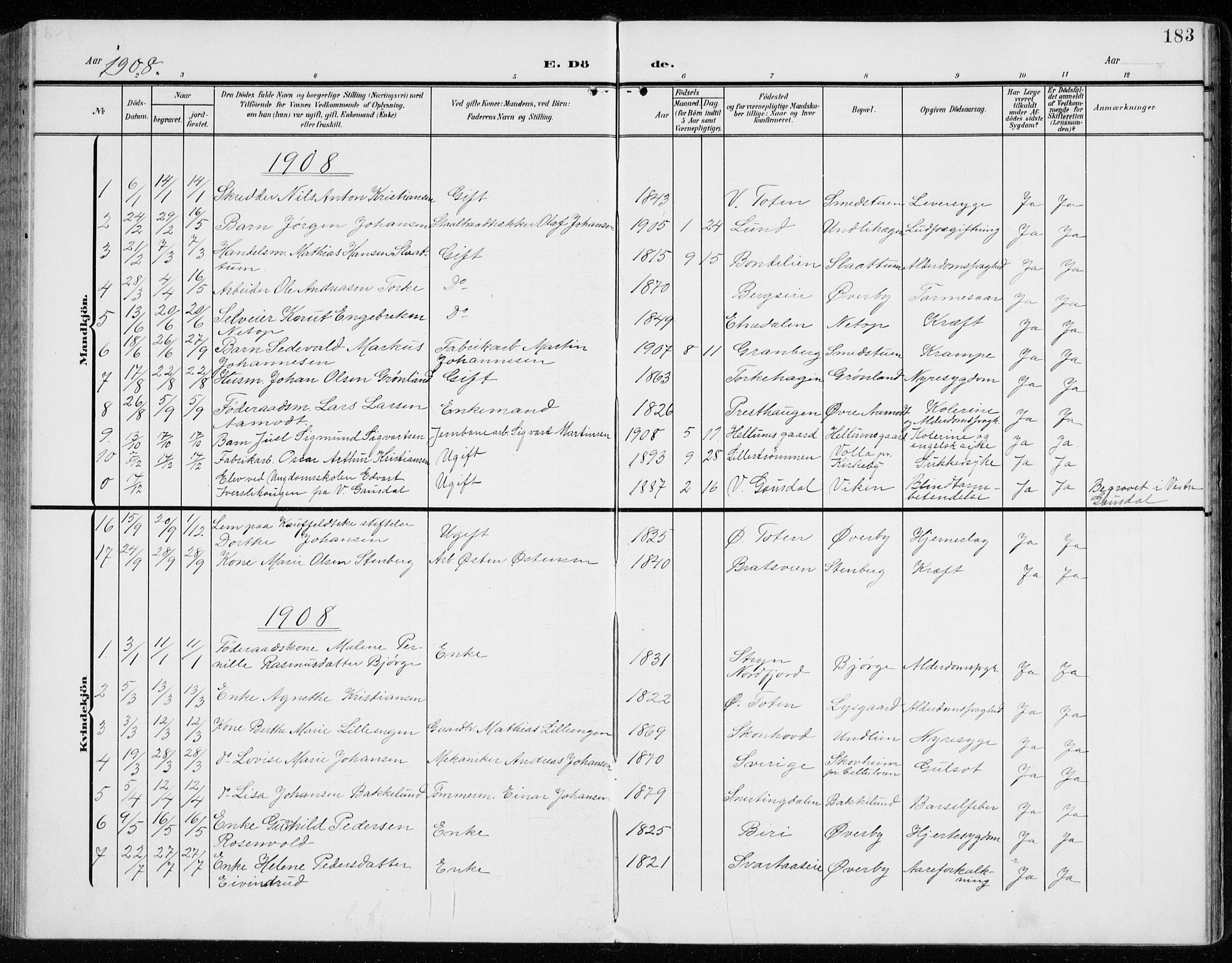 Vardal prestekontor, AV/SAH-PREST-100/H/Ha/Haa/L0016: Parish register (official) no. 16, 1904-1916, p. 183