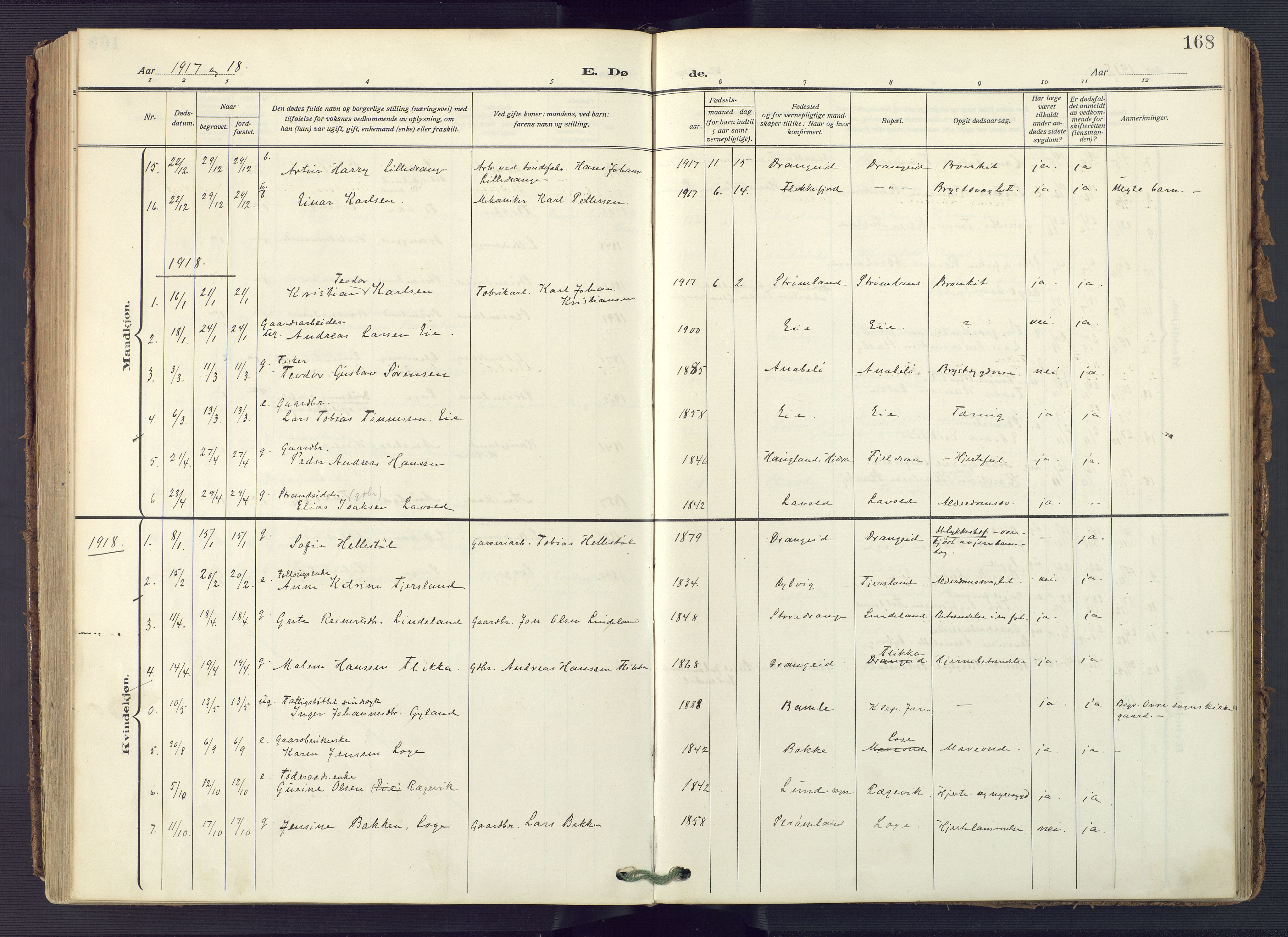 Flekkefjord sokneprestkontor, AV/SAK-1111-0012/F/Fa/Fac/L0010: Parish register (official) no. A 10, 1910-1927, p. 168