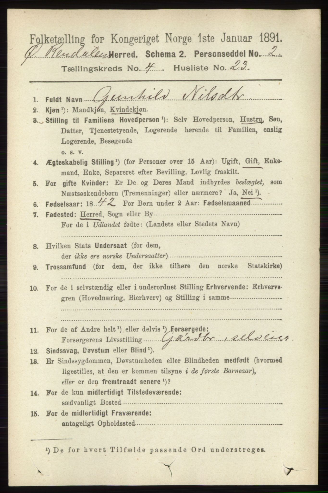 RA, 1891 census for 0433 Øvre Rendal, 1891, p. 1112