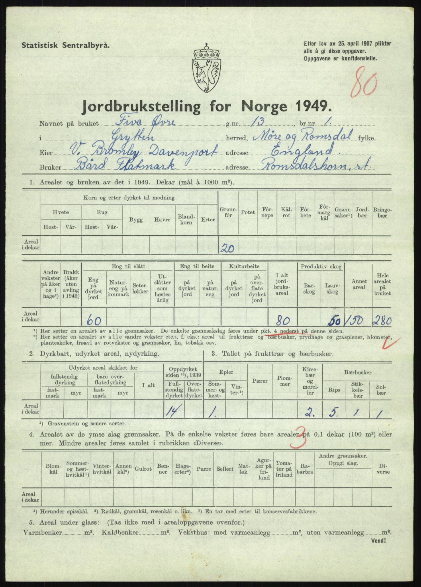 Statistisk sentralbyrå, Næringsøkonomiske emner, Jordbruk, skogbruk, jakt, fiske og fangst, AV/RA-S-2234/G/Gc/L0323: Møre og Romsdal: Grytten og Hen, 1949, p. 323