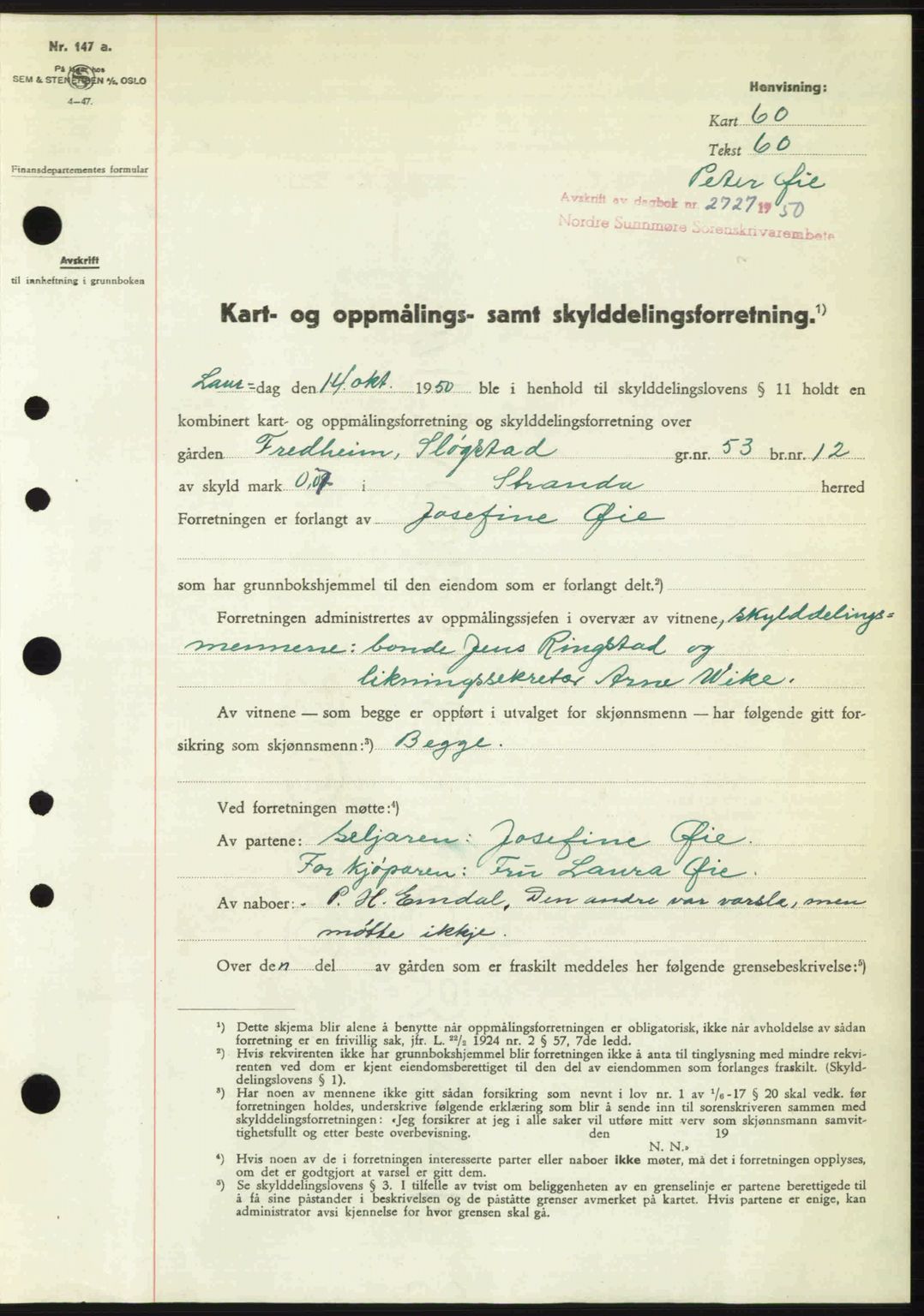 Nordre Sunnmøre sorenskriveri, SAT/A-0006/1/2/2C/2Ca: Mortgage book no. A36, 1950-1950, Diary no: : 2727/1950