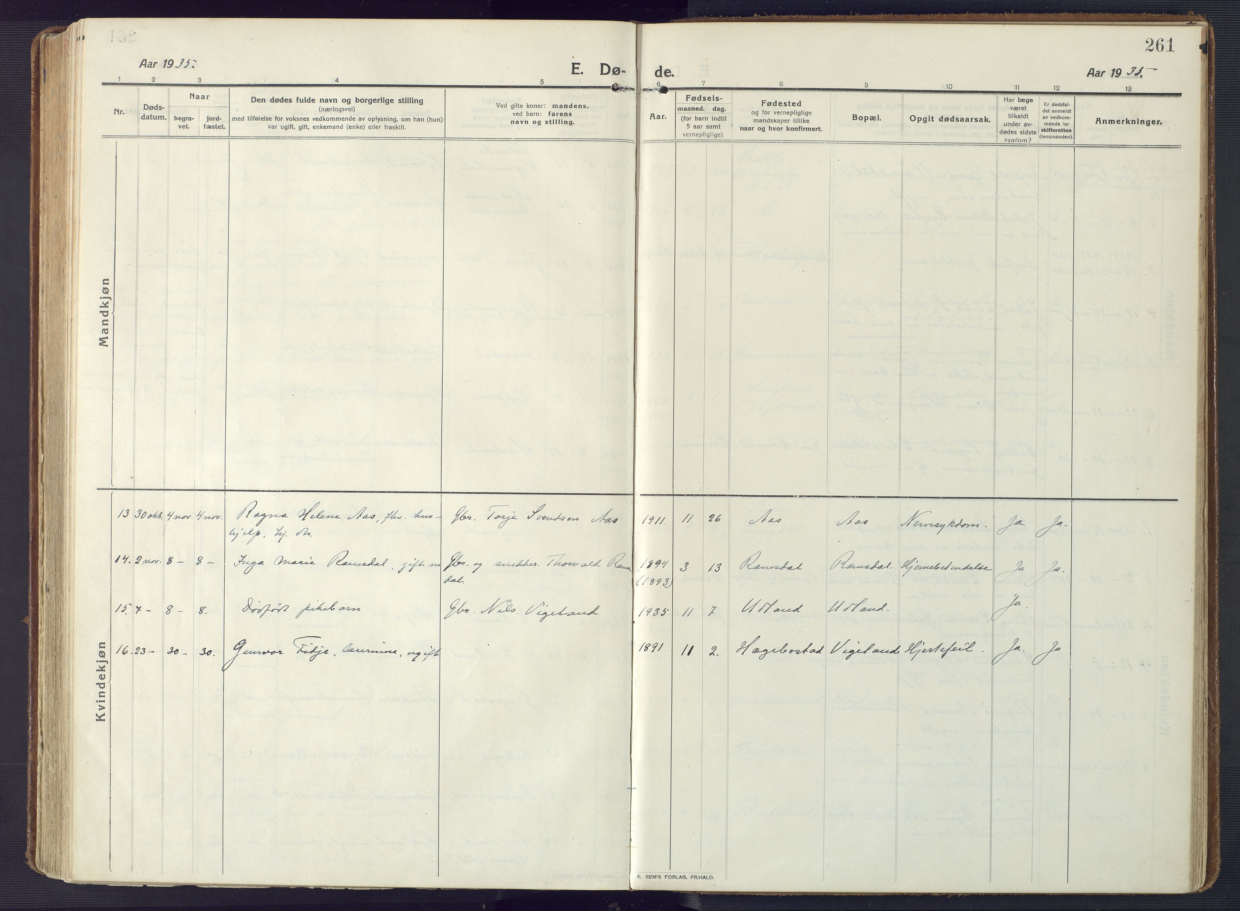 Sør-Audnedal sokneprestkontor, AV/SAK-1111-0039/F/Fa/Fab/L0011: Parish register (official) no. A 11, 1912-1938, p. 261