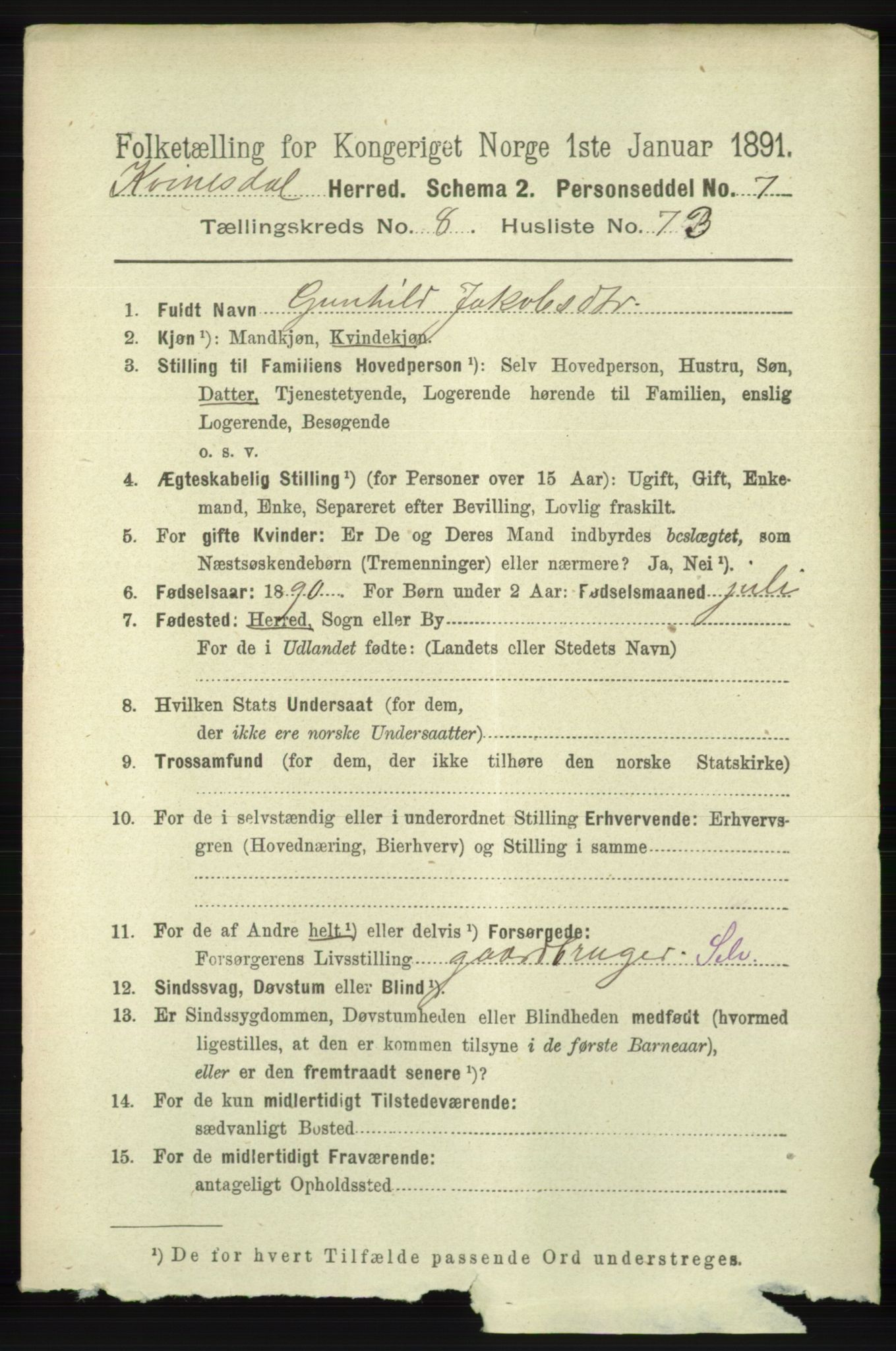 RA, 1891 census for 1037 Kvinesdal, 1891, p. 3206