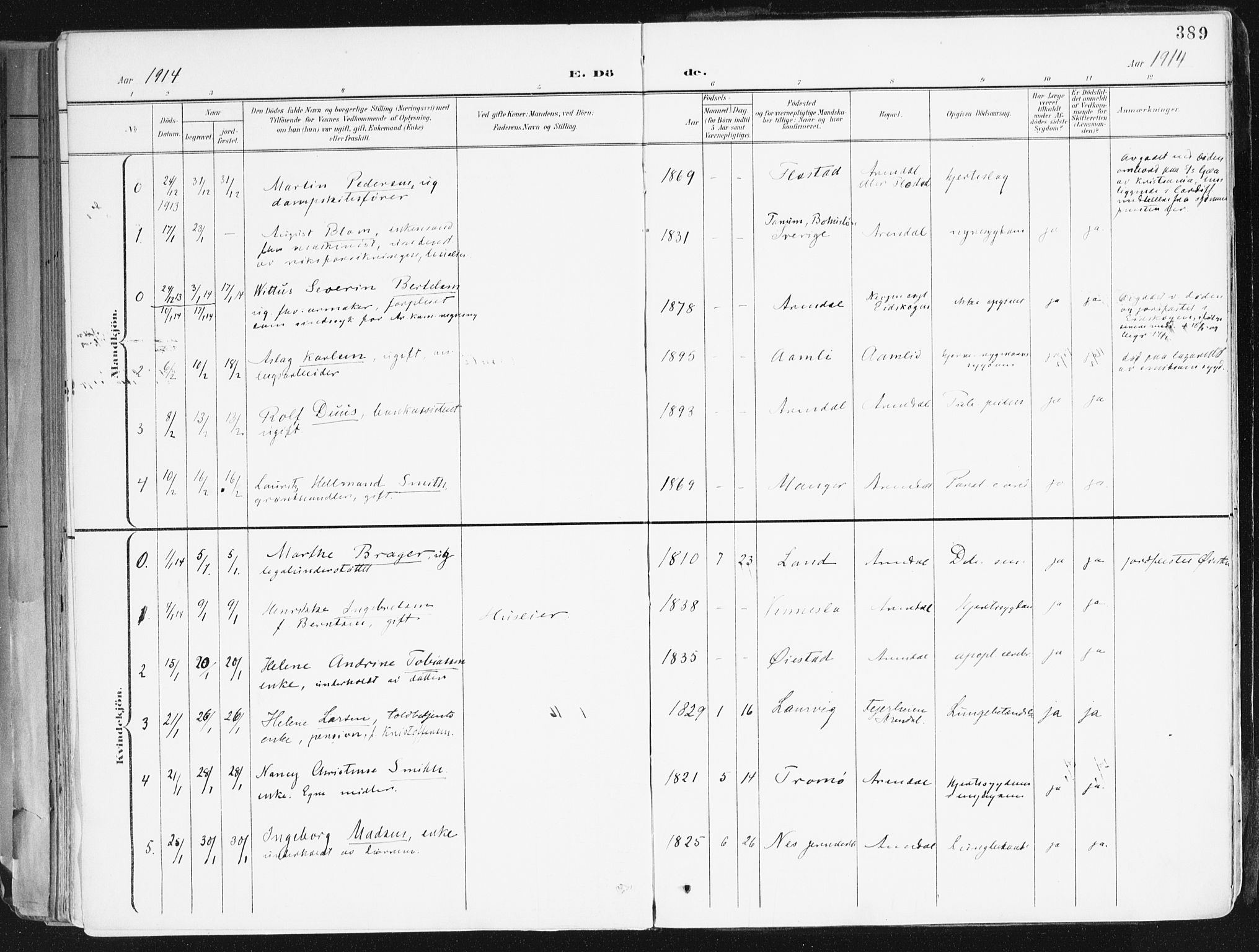 Arendal sokneprestkontor, Trefoldighet, SAK/1111-0040/F/Fa/L0010: Parish register (official) no. A 10, 1900-1919, p. 389