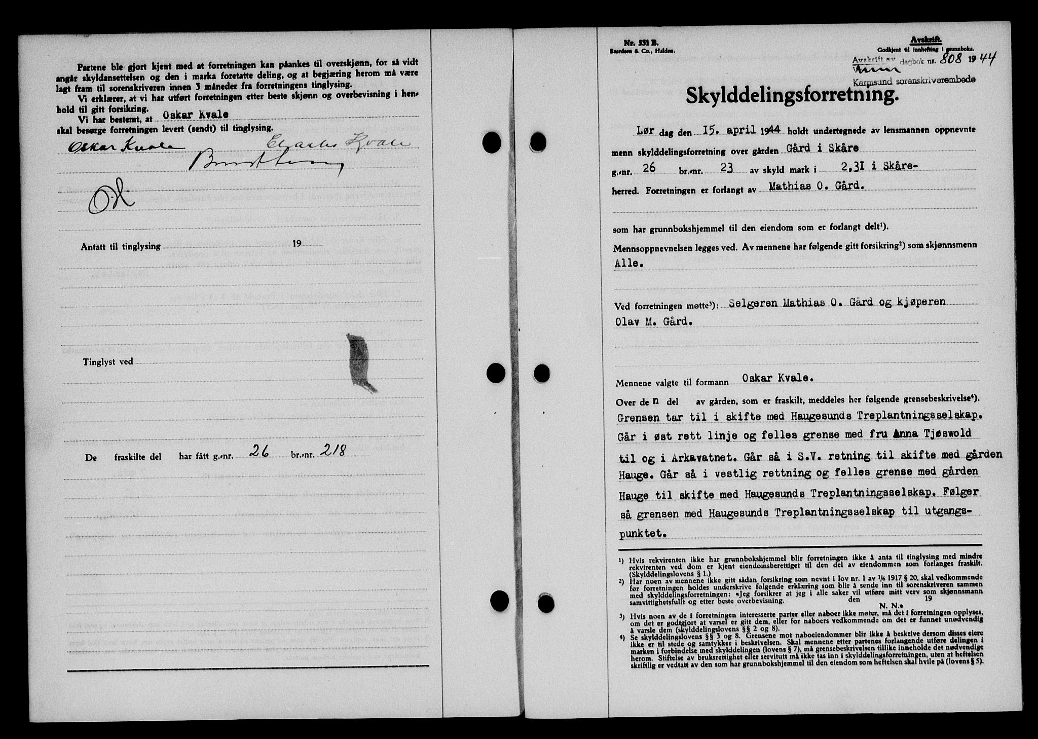 Karmsund sorenskriveri, SAST/A-100311/01/II/IIB/L0081: Mortgage book no. 62A, 1943-1944, Diary no: : 808/1944
