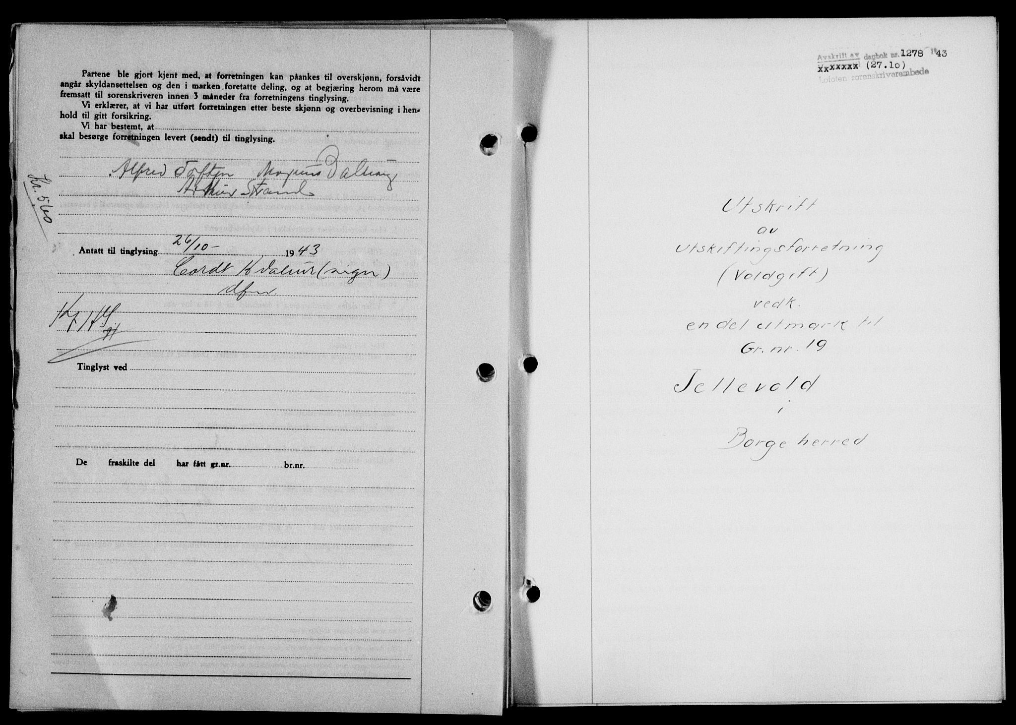 Lofoten sorenskriveri, SAT/A-0017/1/2/2C/L0011a: Mortgage book no. 11a, 1943-1943, Diary no: : 1278/1943