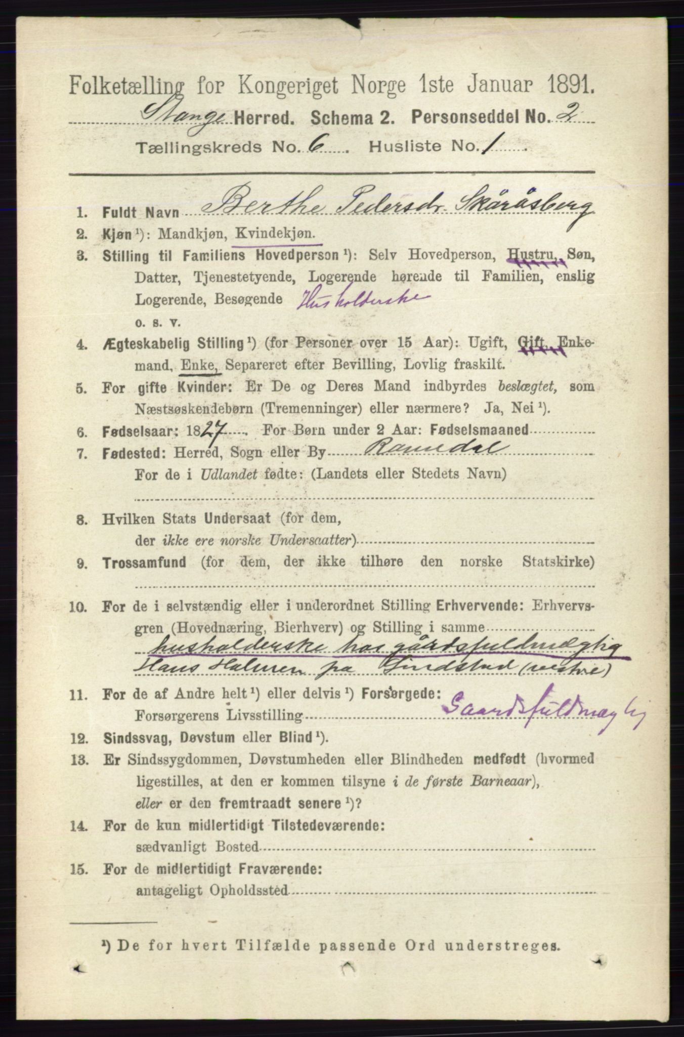 RA, 1891 census for 0417 Stange, 1891, p. 3958