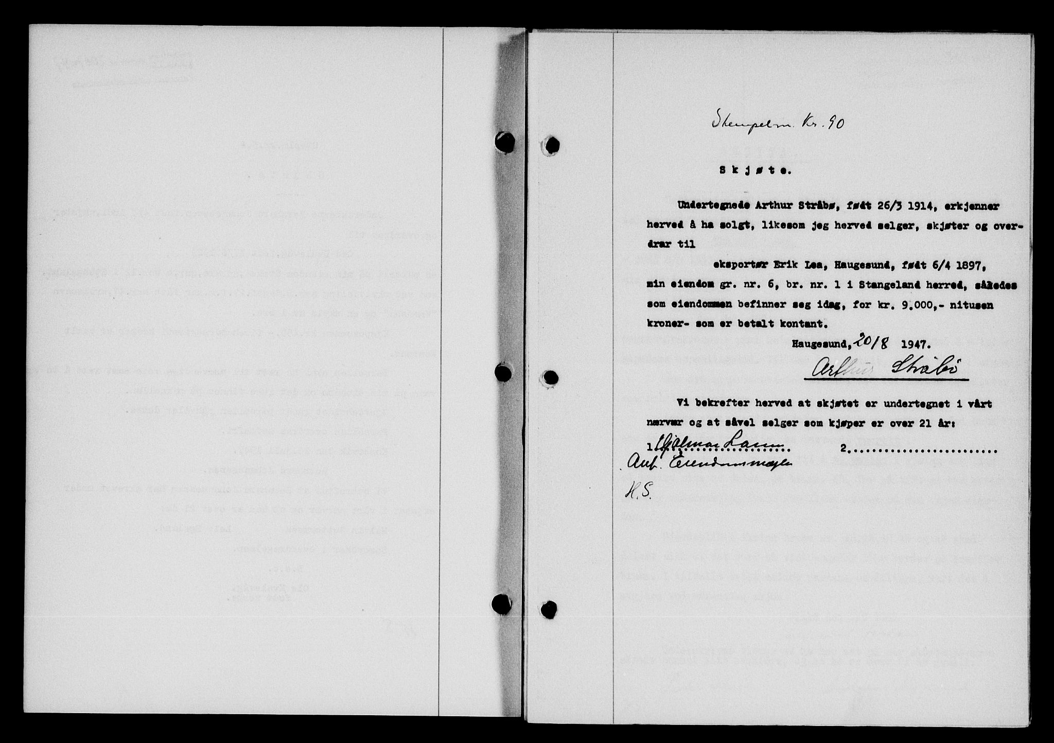 Karmsund sorenskriveri, SAST/A-100311/01/II/IIB/L0090: Mortgage book no. 70A, 1947-1947, Diary no: : 2008/1947
