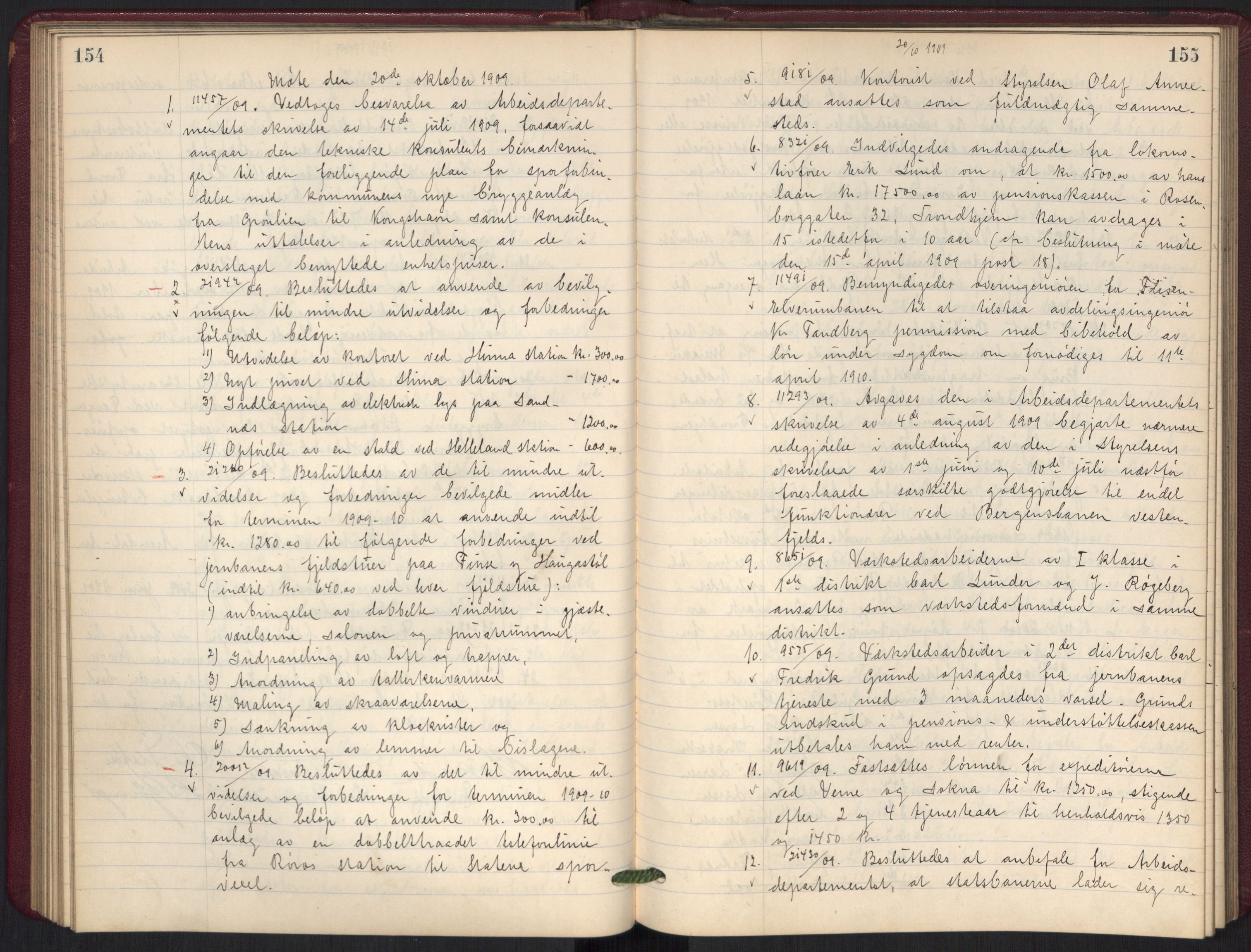 Norges statsbaner, Administrasjons- økonomi- og personalavdelingen, AV/RA-S-3412/A/Aa/L0010: Forhandlingsprotokoll, 1909-1910, p. 154-155