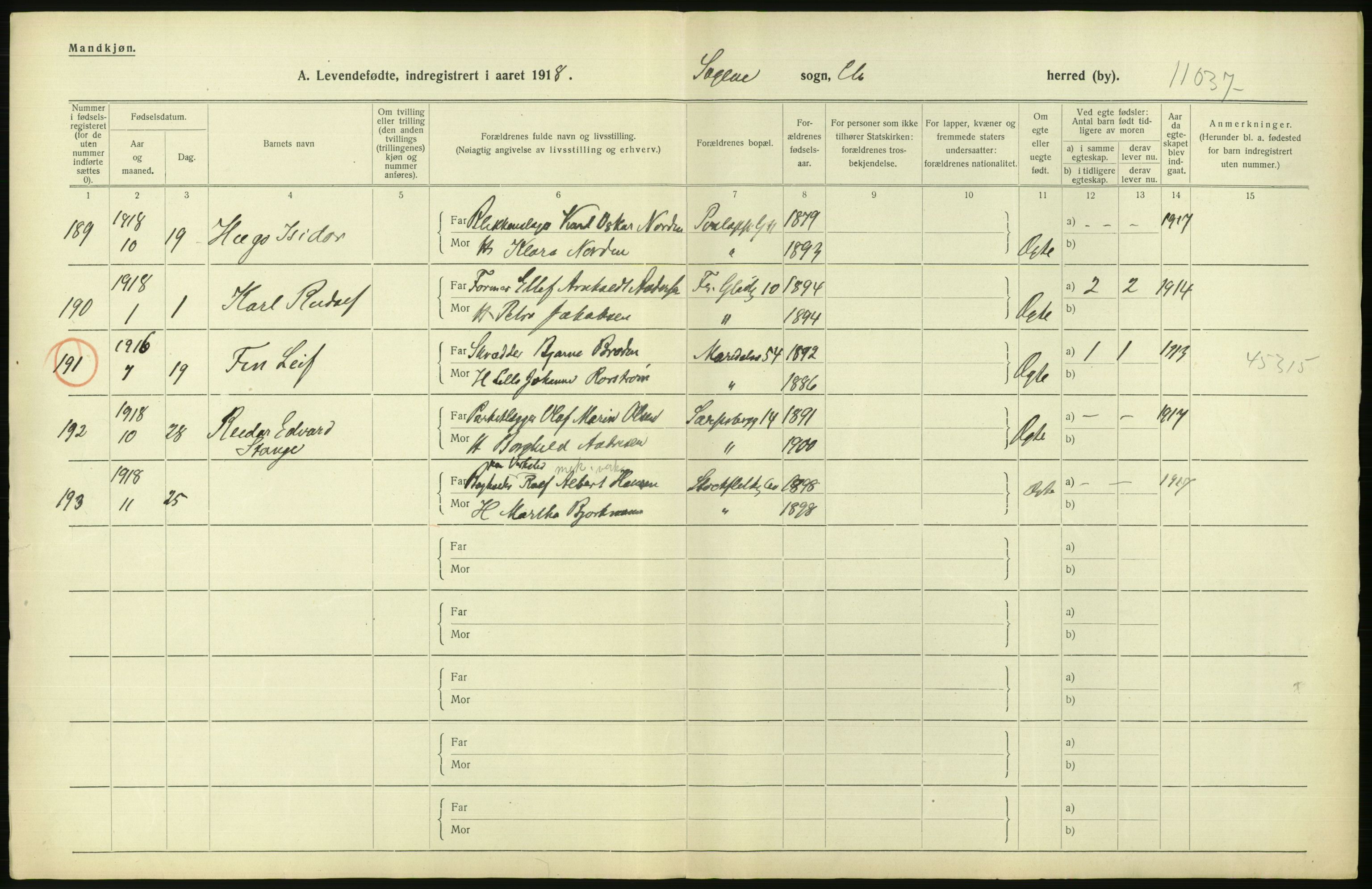 Statistisk sentralbyrå, Sosiodemografiske emner, Befolkning, AV/RA-S-2228/D/Df/Dfb/Dfbh/L0008: Kristiania: Levendefødte menn og kvinner., 1918, p. 852