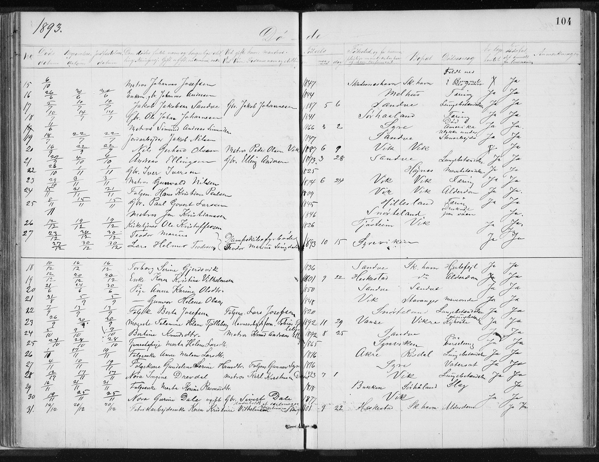 Skudenes sokneprestkontor, SAST/A -101849/H/Ha/Hab/L0007: Parish register (copy) no. B 7, 1885-1899, p. 104