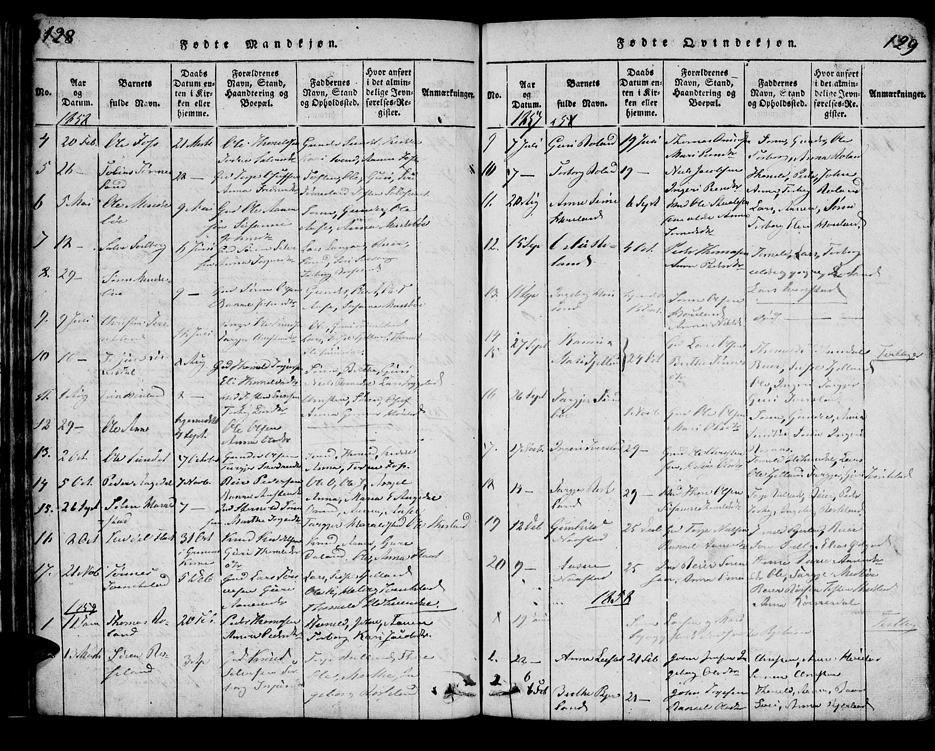 Bjelland sokneprestkontor, SAK/1111-0005/F/Fa/Faa/L0002: Parish register (official) no. A 2, 1816-1866, p. 128-129