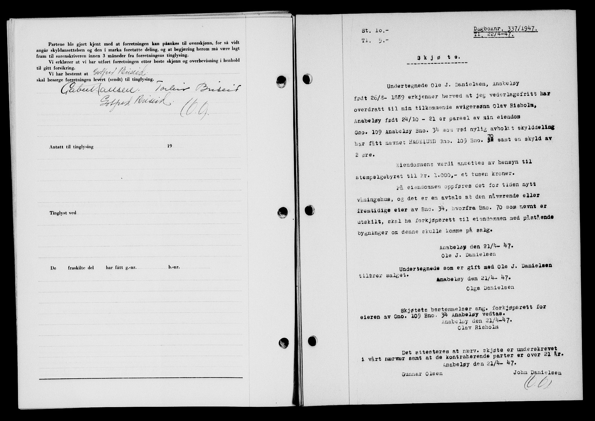 Flekkefjord sorenskriveri, SAK/1221-0001/G/Gb/Gba/L0062: Mortgage book no. A-10, 1947-1947, Diary no: : 337/1947