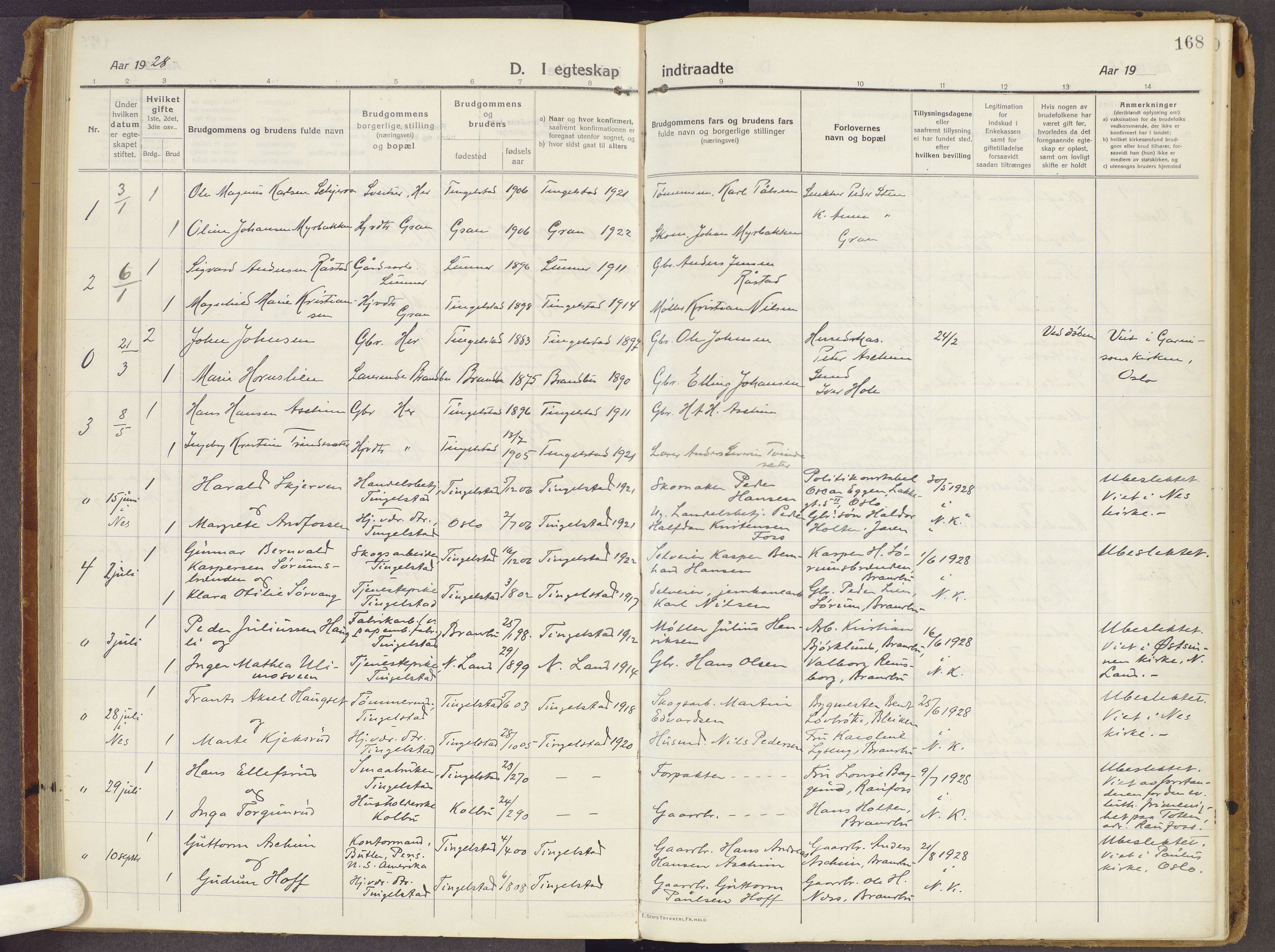 Brandbu prestekontor, SAH/PREST-114/H/Ha/Haa/L0003: Parish register (official) no. 3, 1914-1928, p. 168