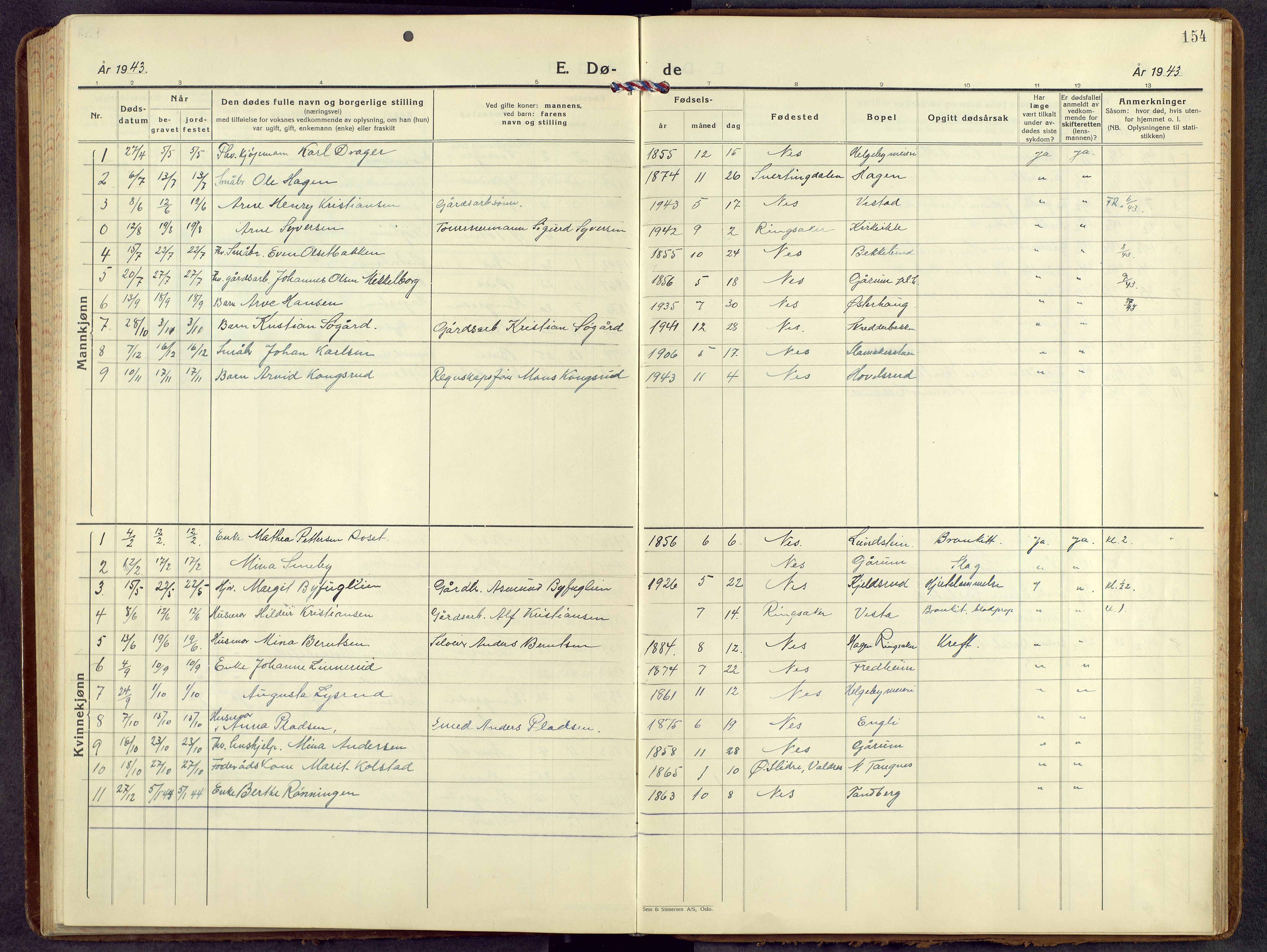 Nes prestekontor, Hedmark, SAH/PREST-020/L/La/L0012: Parish register (copy) no. 12, 1936-1958, p. 154