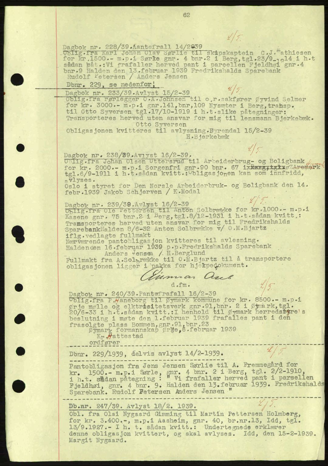 Idd og Marker sorenskriveri, AV/SAO-A-10283/G/Gb/Gbc/L0001: Mortgage book no. B1-3, 1936-1939, Diary no: : 228/1939