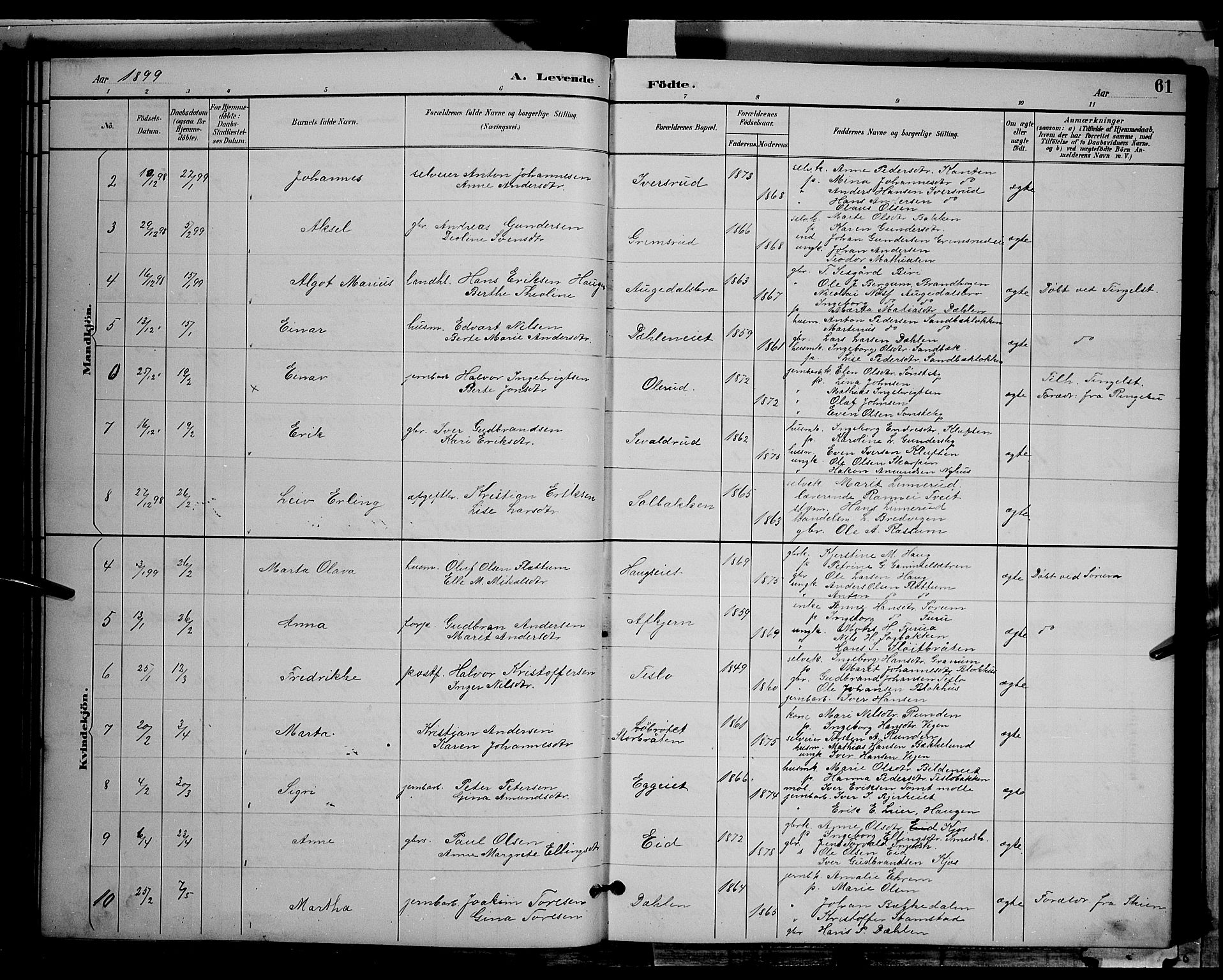 Gran prestekontor, SAH/PREST-112/H/Ha/Hab/L0004: Parish register (copy) no. 4, 1890-1899, p. 61