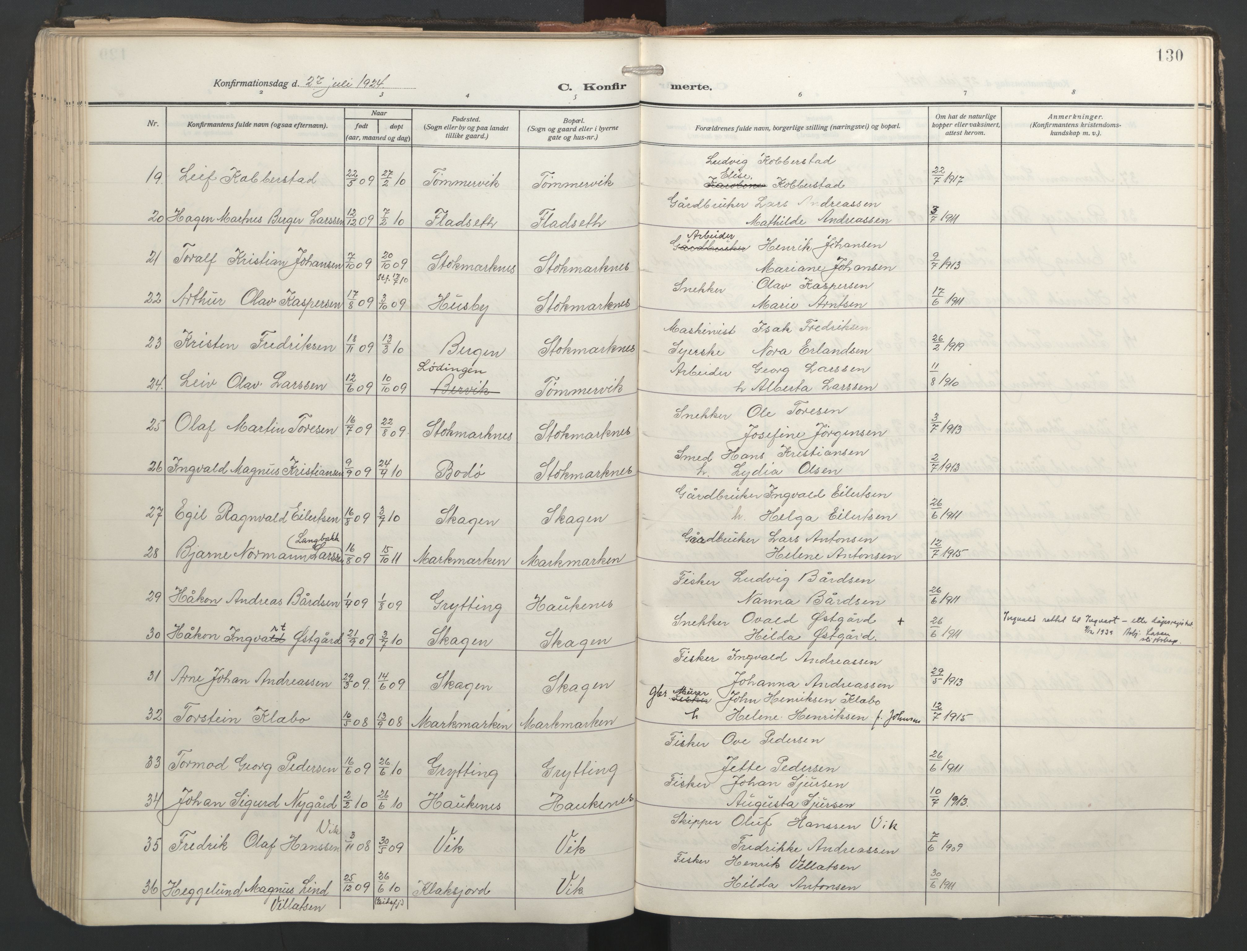 Ministerialprotokoller, klokkerbøker og fødselsregistre - Nordland, AV/SAT-A-1459/888/L1249: Parish register (official) no. 888A15, 1911-1929, p. 130