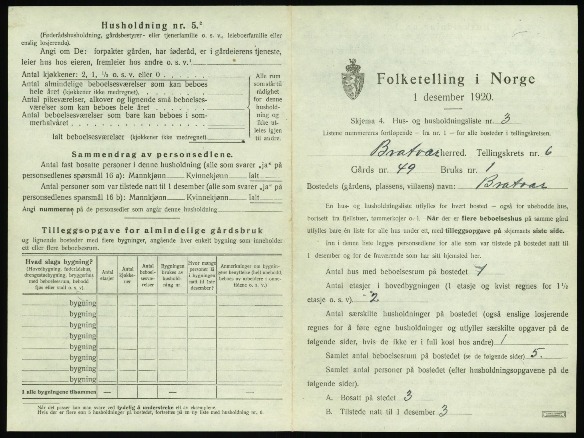 SAT, 1920 census for Brattvær, 1920, p. 434