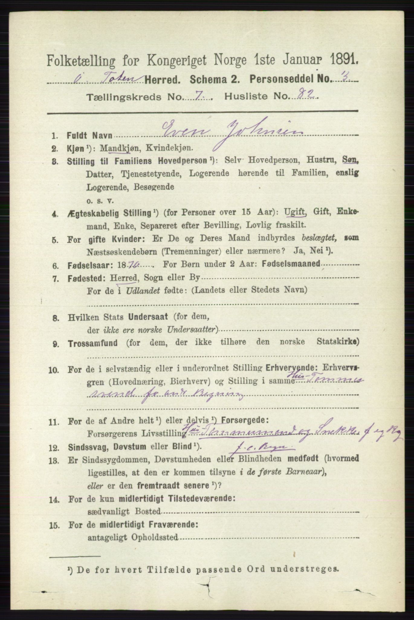 RA, 1891 census for 0528 Østre Toten, 1891, p. 4912