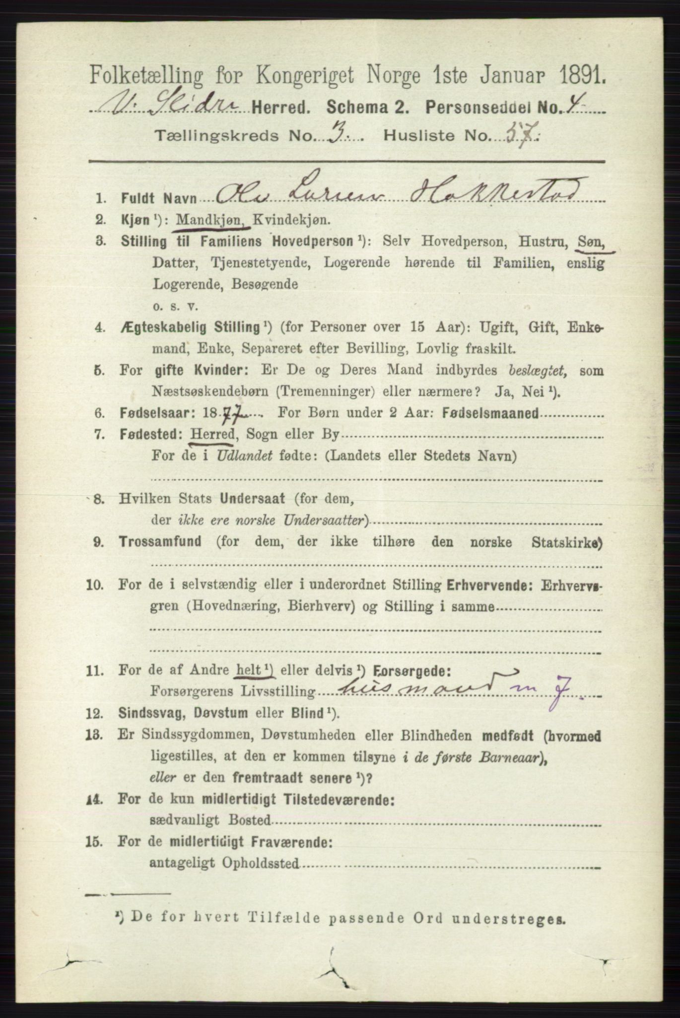 RA, 1891 census for 0543 Vestre Slidre, 1891, p. 1173